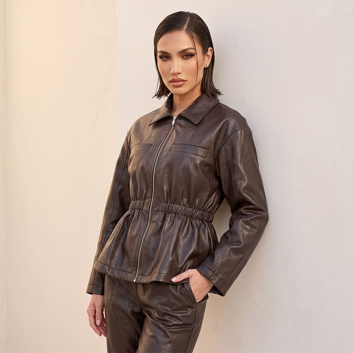 Iconic Faux Leather Jacket with Elasticated Waist-women-winterwear-coatsandjackets-jackets-image-2