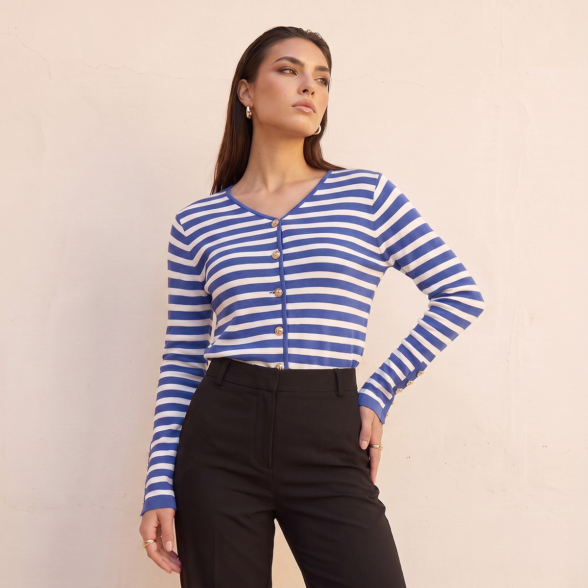 كارديجان مقلم بقصة مريحة من سبلاش أيكونيك-women-winterwear-cardigansandjumpers-cardigans-image-2
