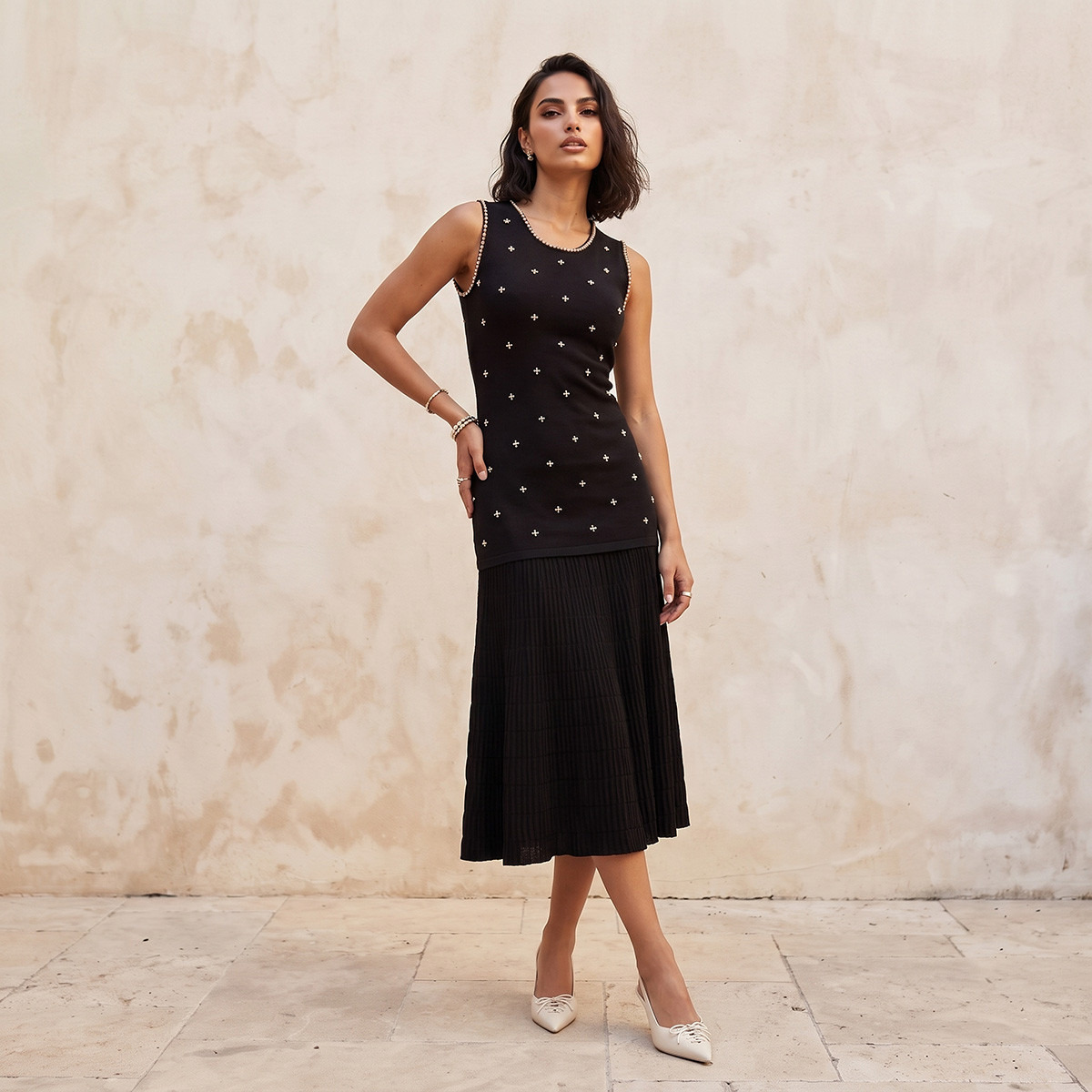 Splash Iconic Midi A-line Dress with Pearl Embellishment-women-clothing-dresses-image-1
