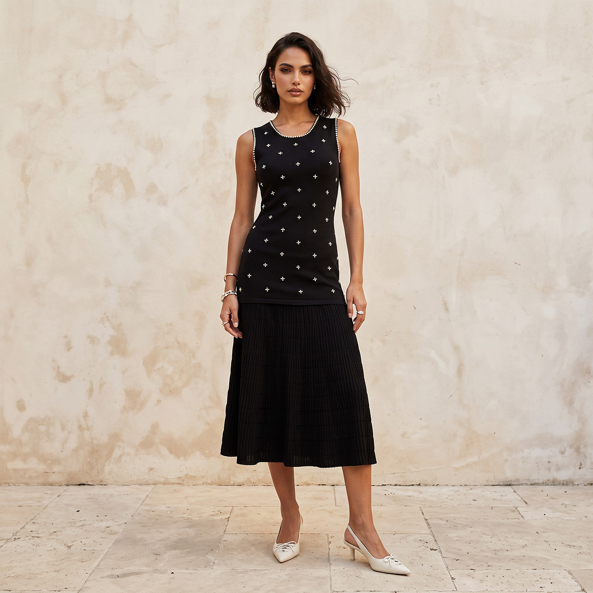 Splash Iconic Midi A-line Dress with Pearl Embellishment-women-clothing-dresses-image-3