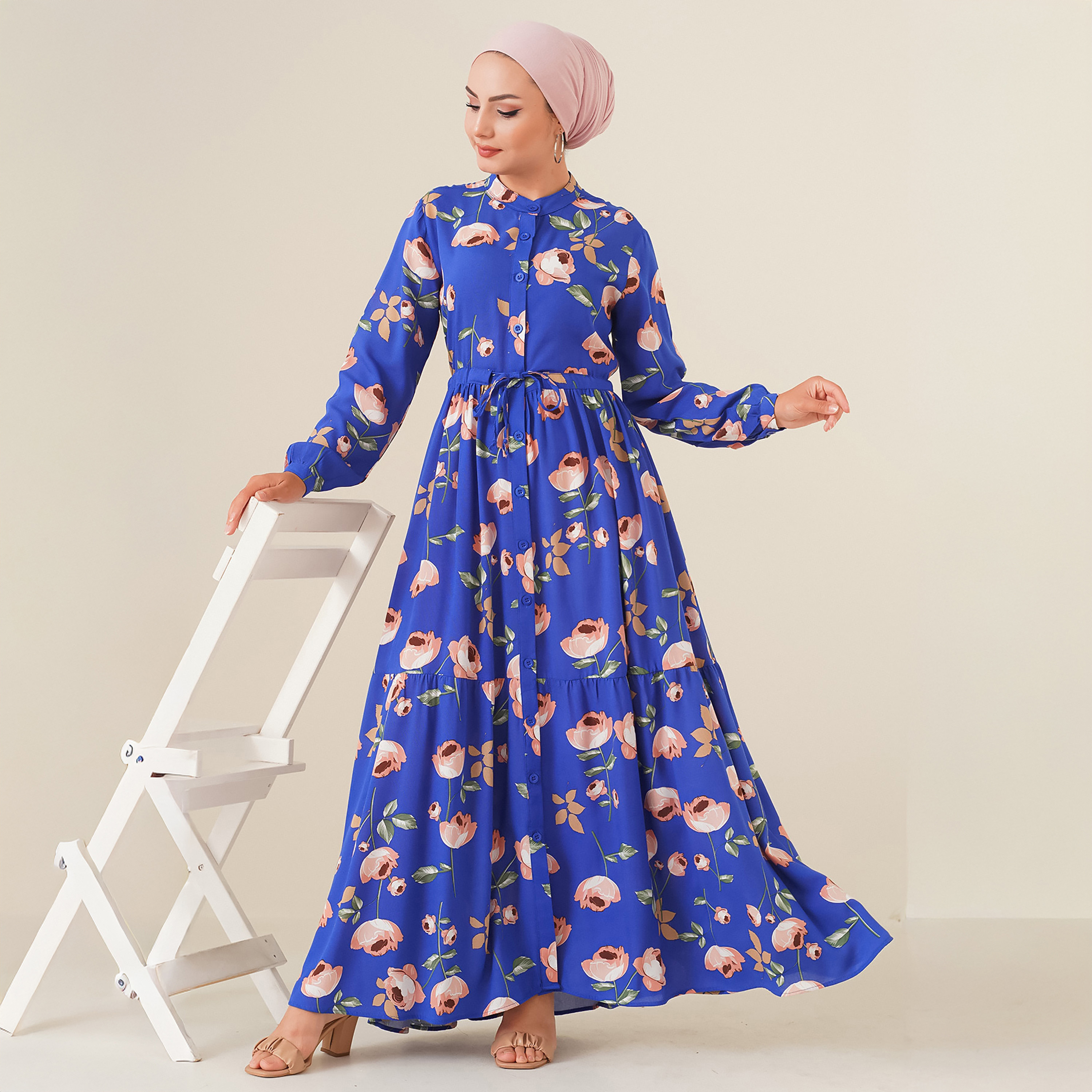 Bigdart Blue Floral Print Band Collar Cuffed Sleeves Tiered Shirt Maxi Women's Dress-women-clothing-dresses-image-1