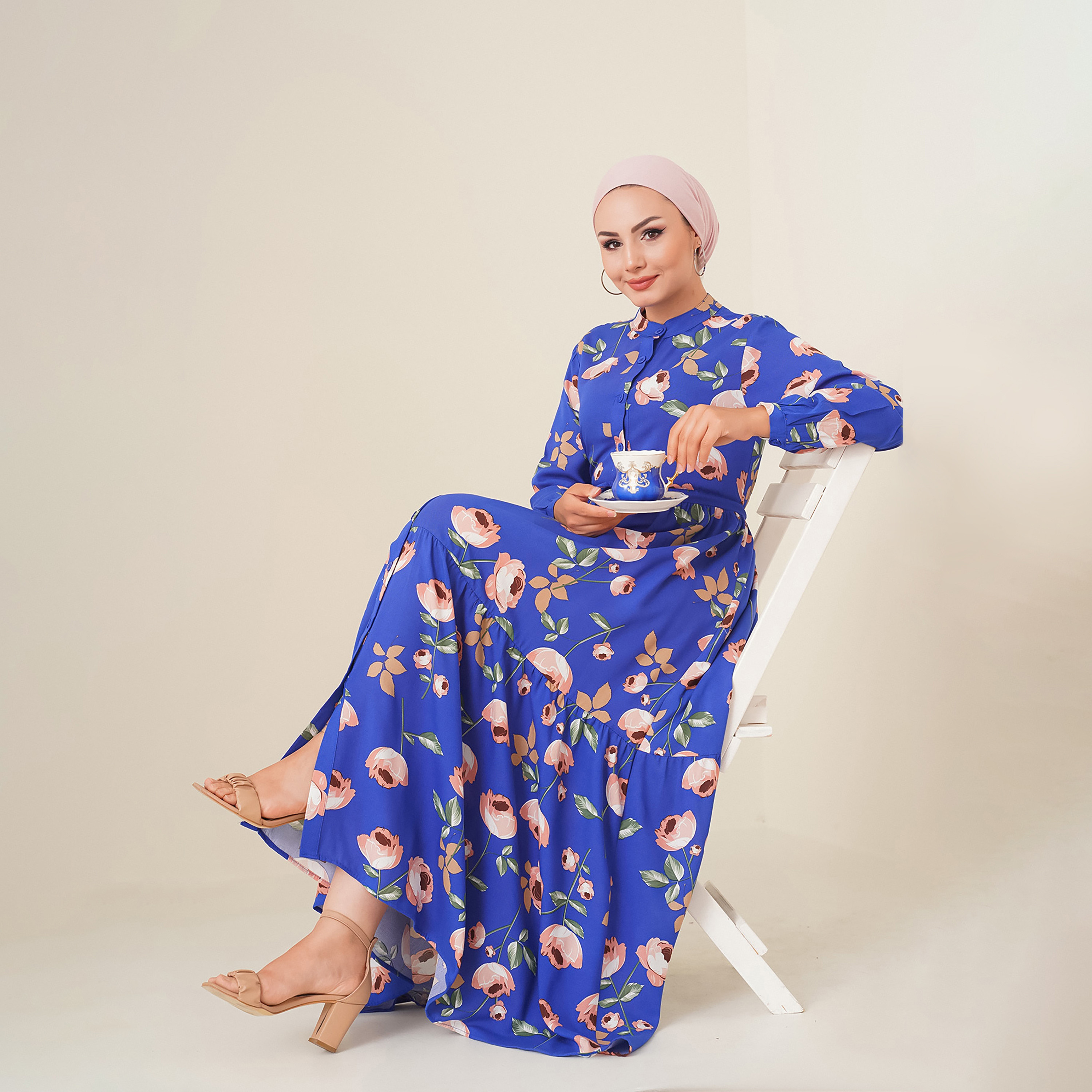 Bigdart Blue Floral Print Band Collar Cuffed Sleeves Tiered Shirt Maxi Women's Dress-women-clothing-dresses-image-2