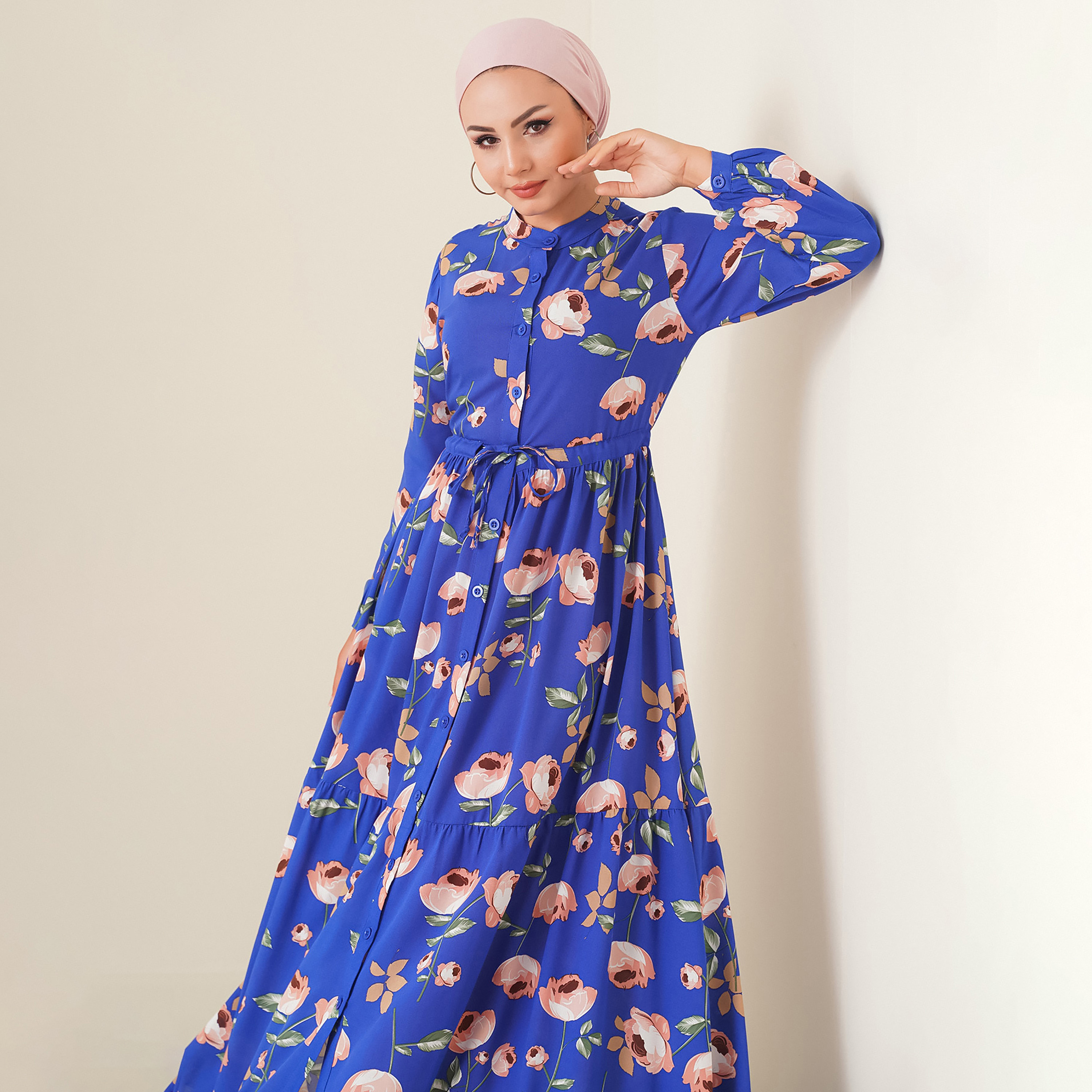 Bigdart Blue Floral Print Band Collar Cuffed Sleeves Tiered Shirt Maxi Women's Dress-women-clothing-dresses-image-3
