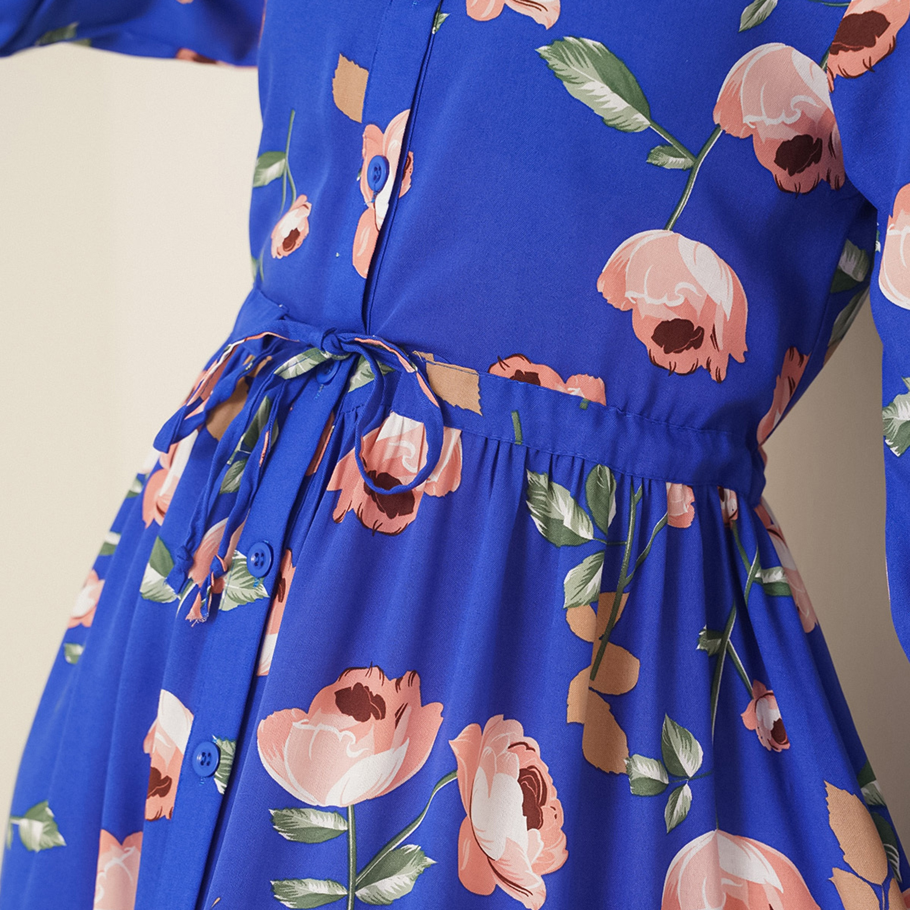 Bigdart Blue Floral Print Band Collar Cuffed Sleeves Tiered Shirt Maxi Women's Dress-women-clothing-dresses-image-4