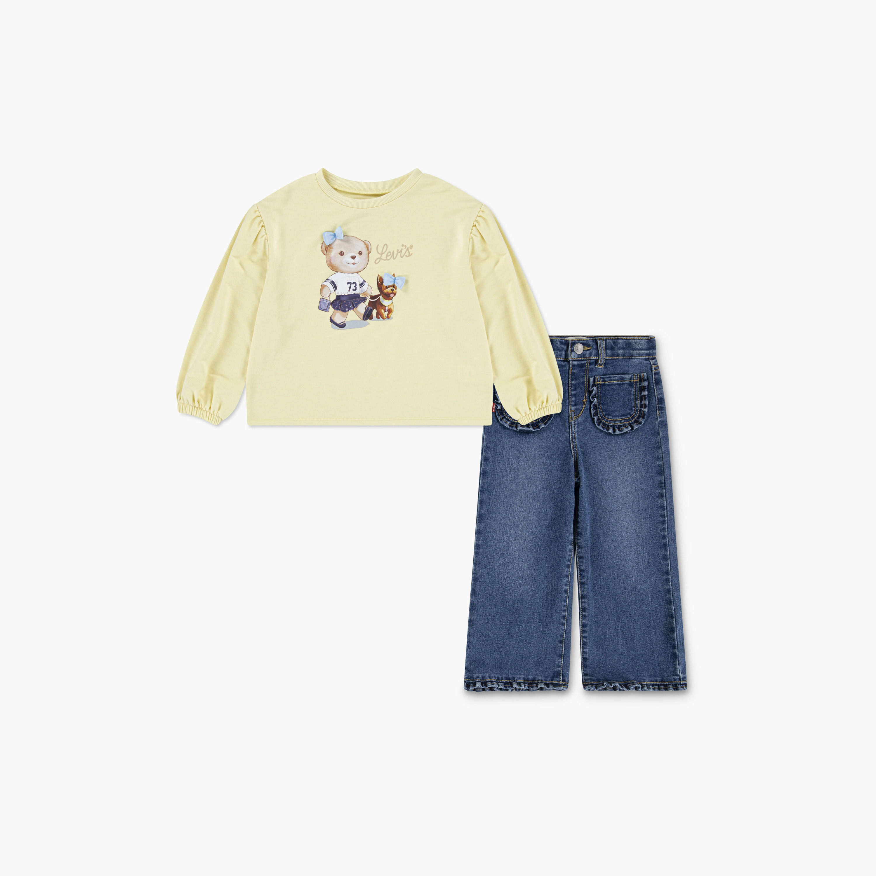 Levi’s 2-Piece Teddy Bear Printed Puffed Sleeves Top with Wide Legged Jeans-girls-clothing-setsandcoords-image-1