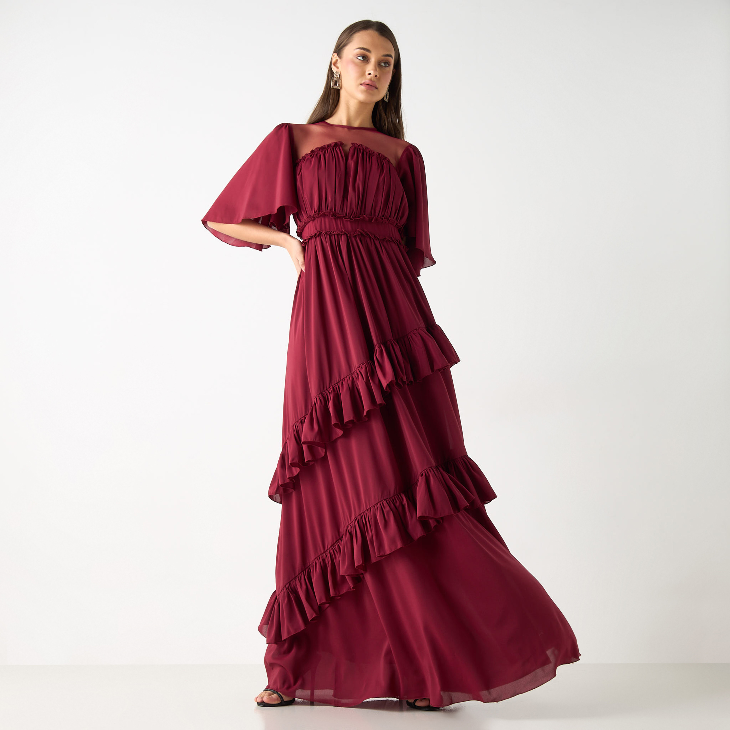 Golden Apple Solid Maxi Dress with Ruched and Ruffle Detail-women-clothing-dresses-image-1