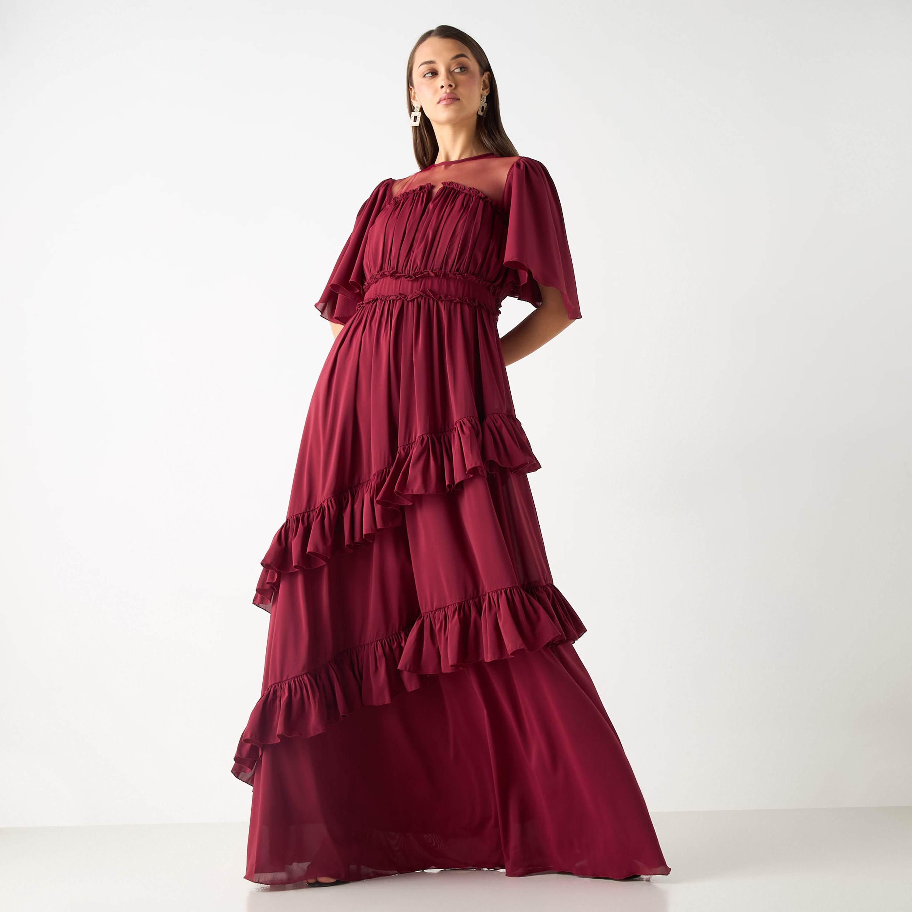 Golden Apple Solid Maxi Dress with Ruched and Ruffle Detail-women-clothing-dresses-image-2