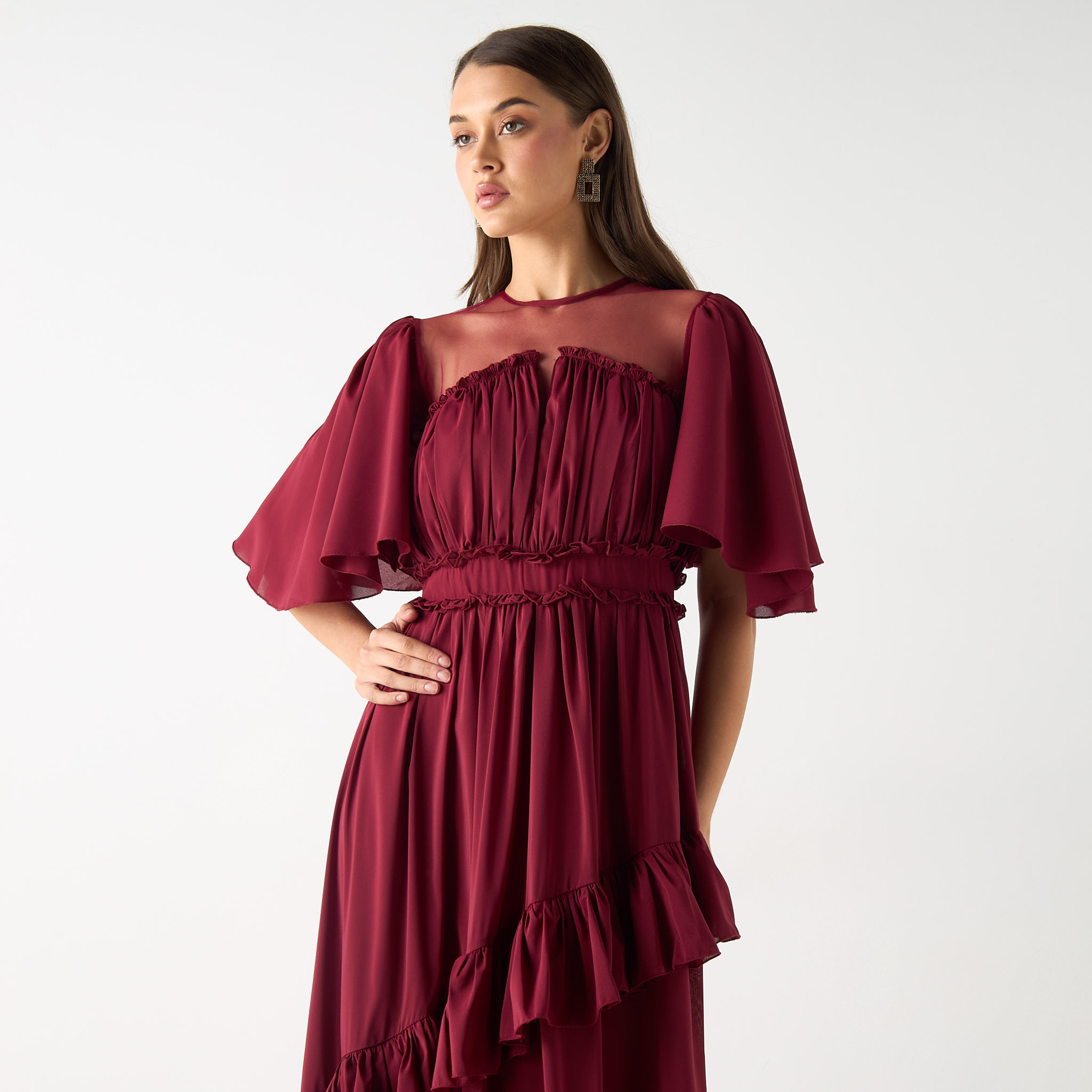 Golden Apple Solid Maxi Dress with Ruched and Ruffle Detail-women-clothing-dresses-image-4