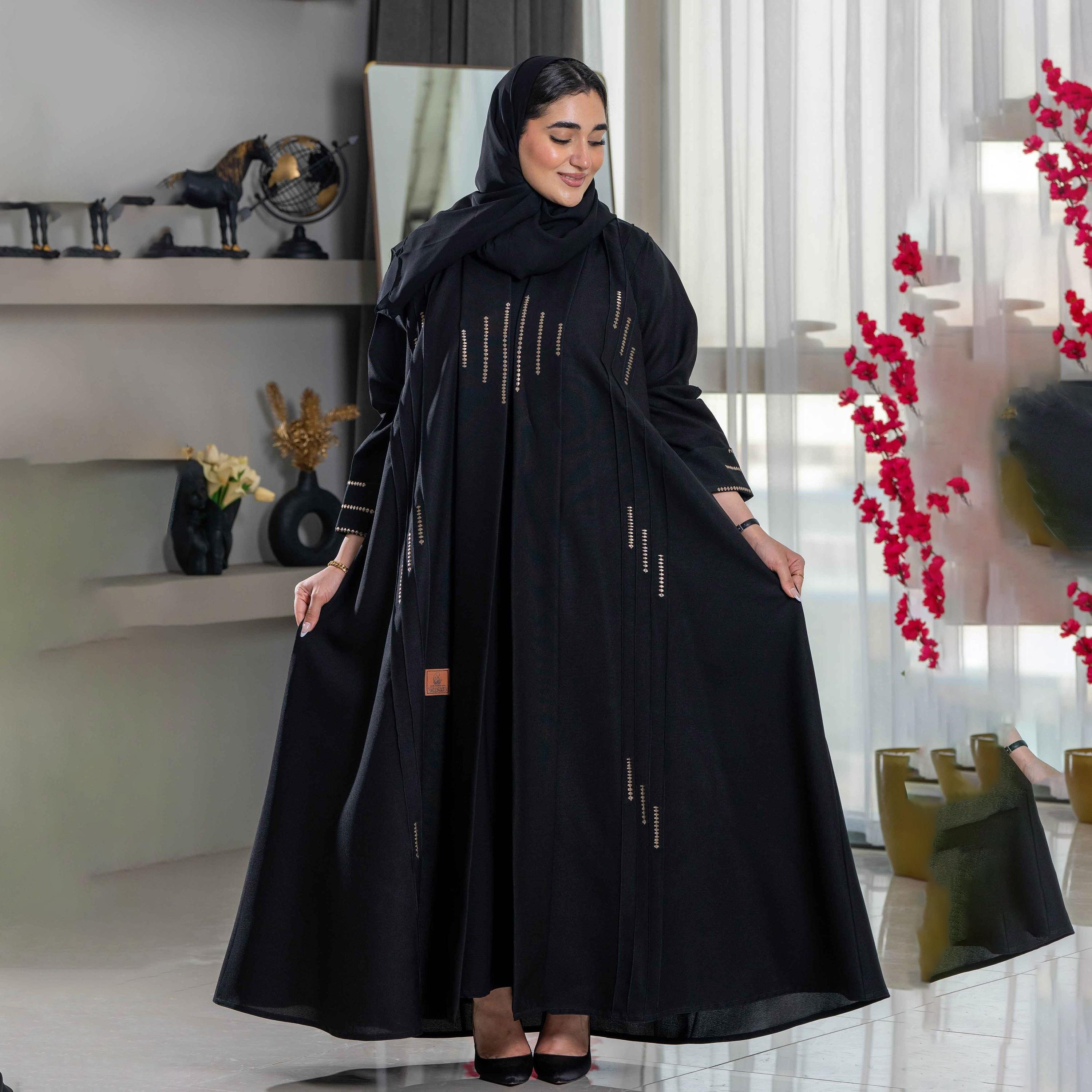 Zahiyh Embroidered Black Lapel Collared Women's Galush Abaya with Tarha-women-arabicclothing-abayas-image-1
