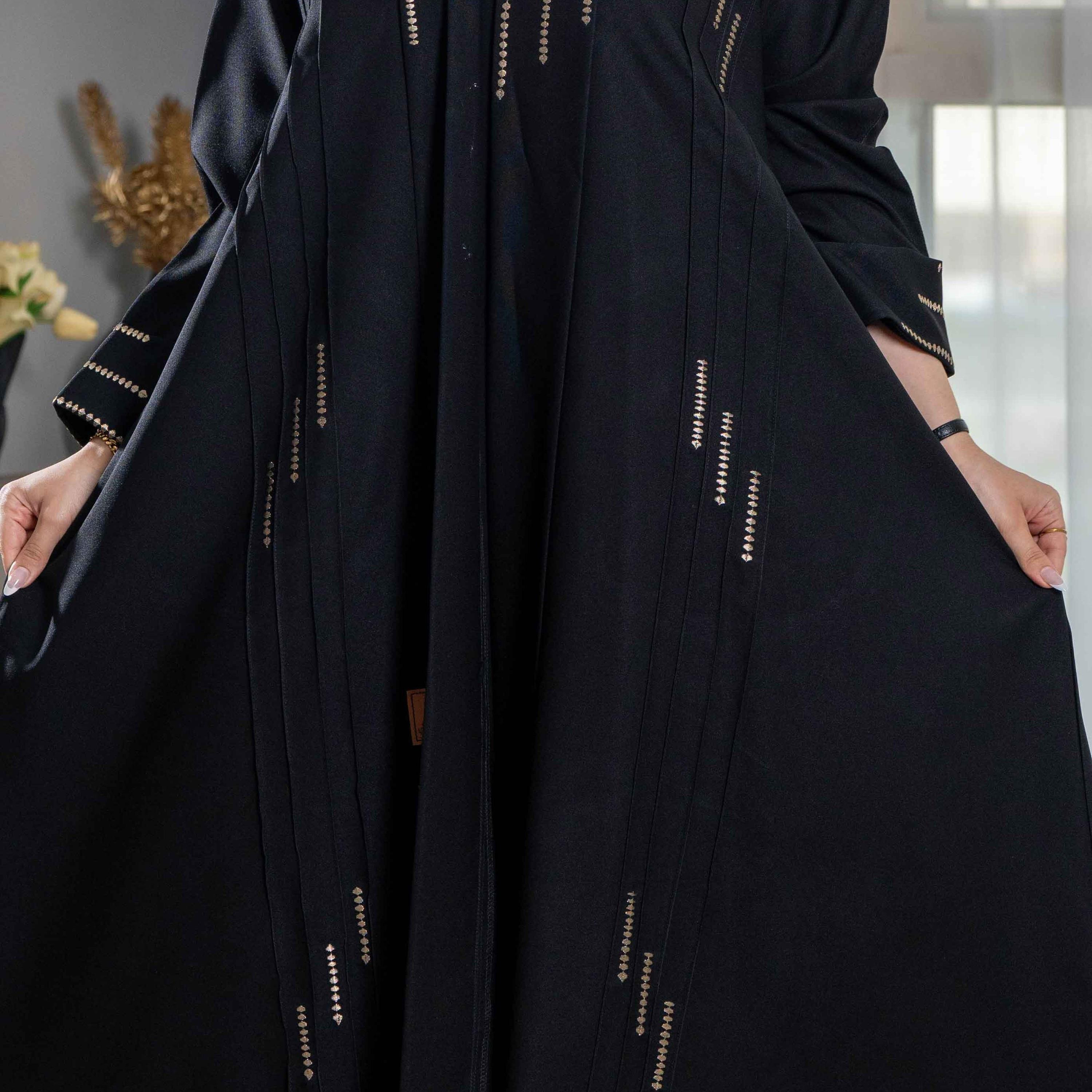 Zahiyh Embroidered Black Lapel Collared Women's Galush Abaya with Tarha-women-arabicclothing-abayas-image-2