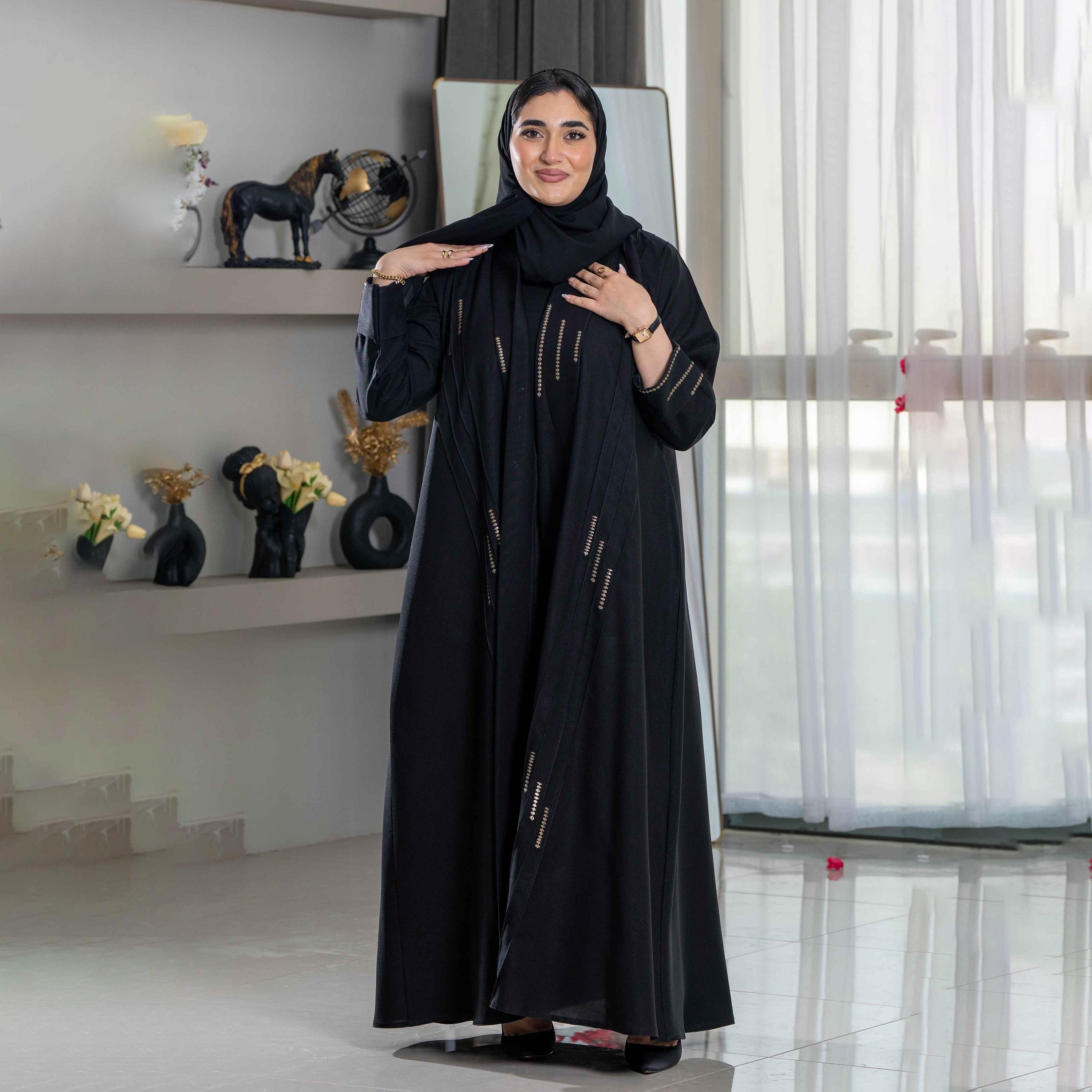 Zahiyh Embroidered Black Lapel Collared Women's Galush Abaya with Tarha-women-arabicclothing-abayas-image-3