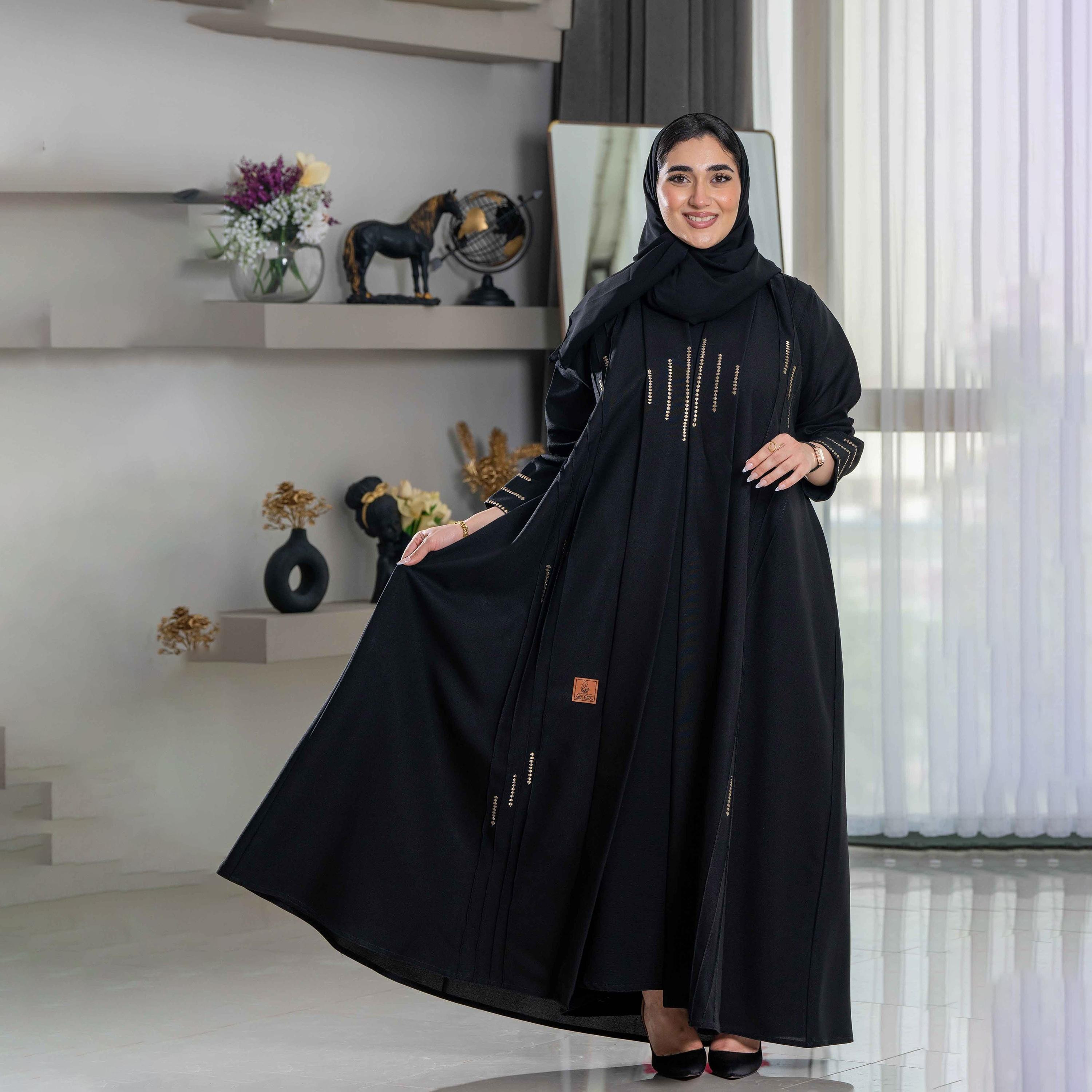 Zahiyh Embroidered Black Lapel Collared Women's Galush Abaya with Tarha-women-arabicclothing-abayas-image-4