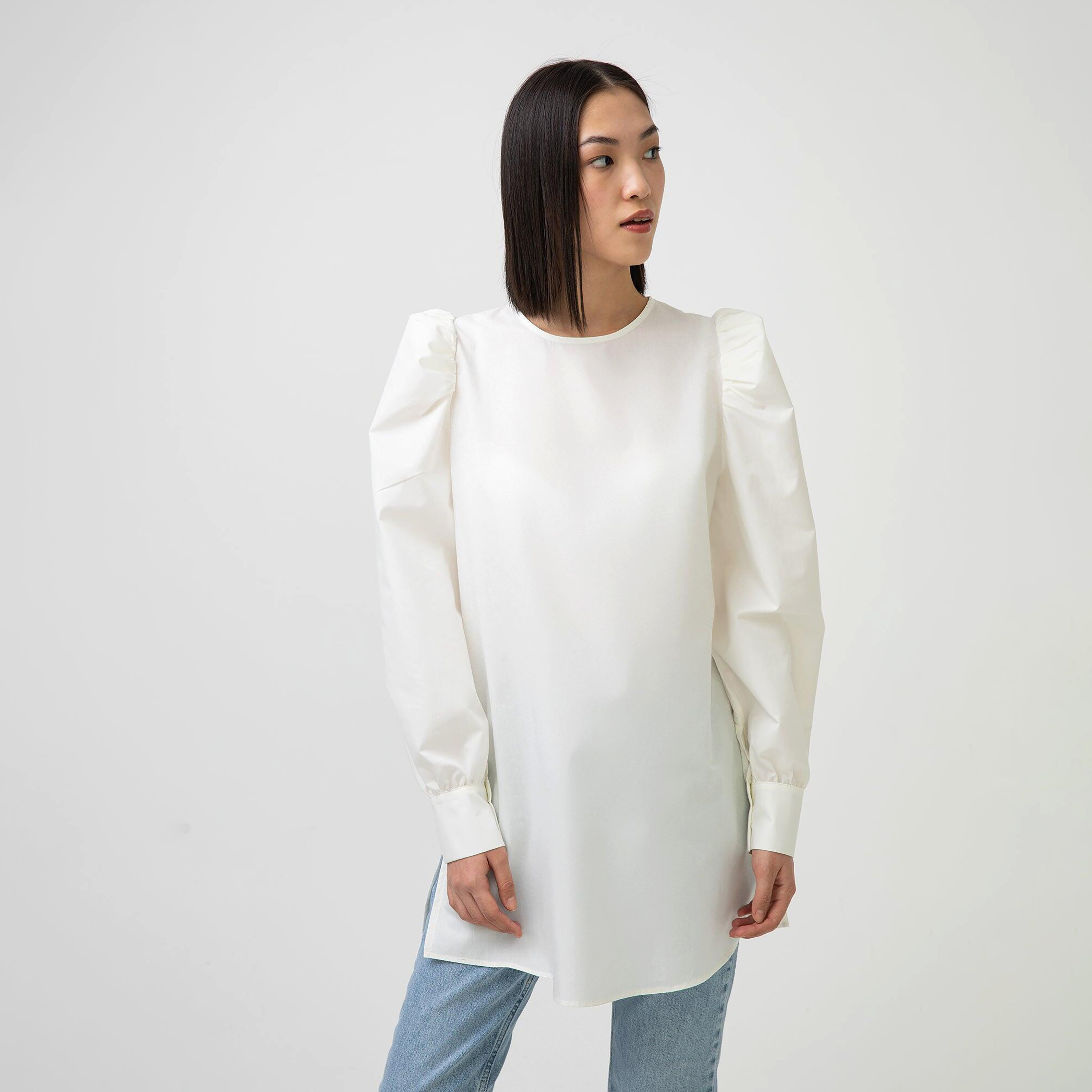 تونيك بياقة دائرية وأكمام طويلة سادة من توش بريف مع سحاب خلفي للإغلاق-women-clothing-shirtsandblouses-blouses-image-1