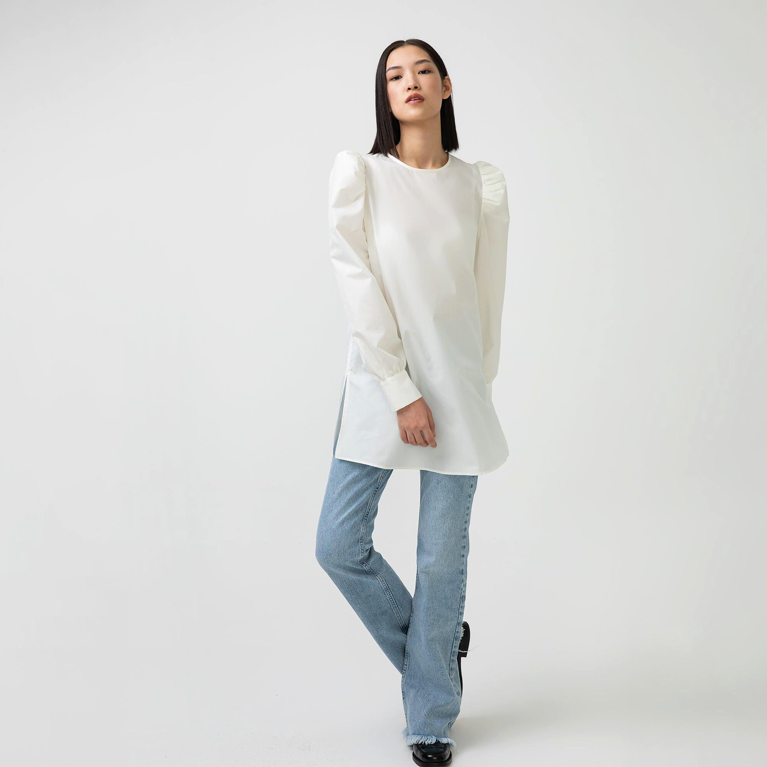 تونيك بياقة دائرية وأكمام طويلة سادة من توش بريف مع سحاب خلفي للإغلاق-women-clothing-shirtsandblouses-blouses-image-2