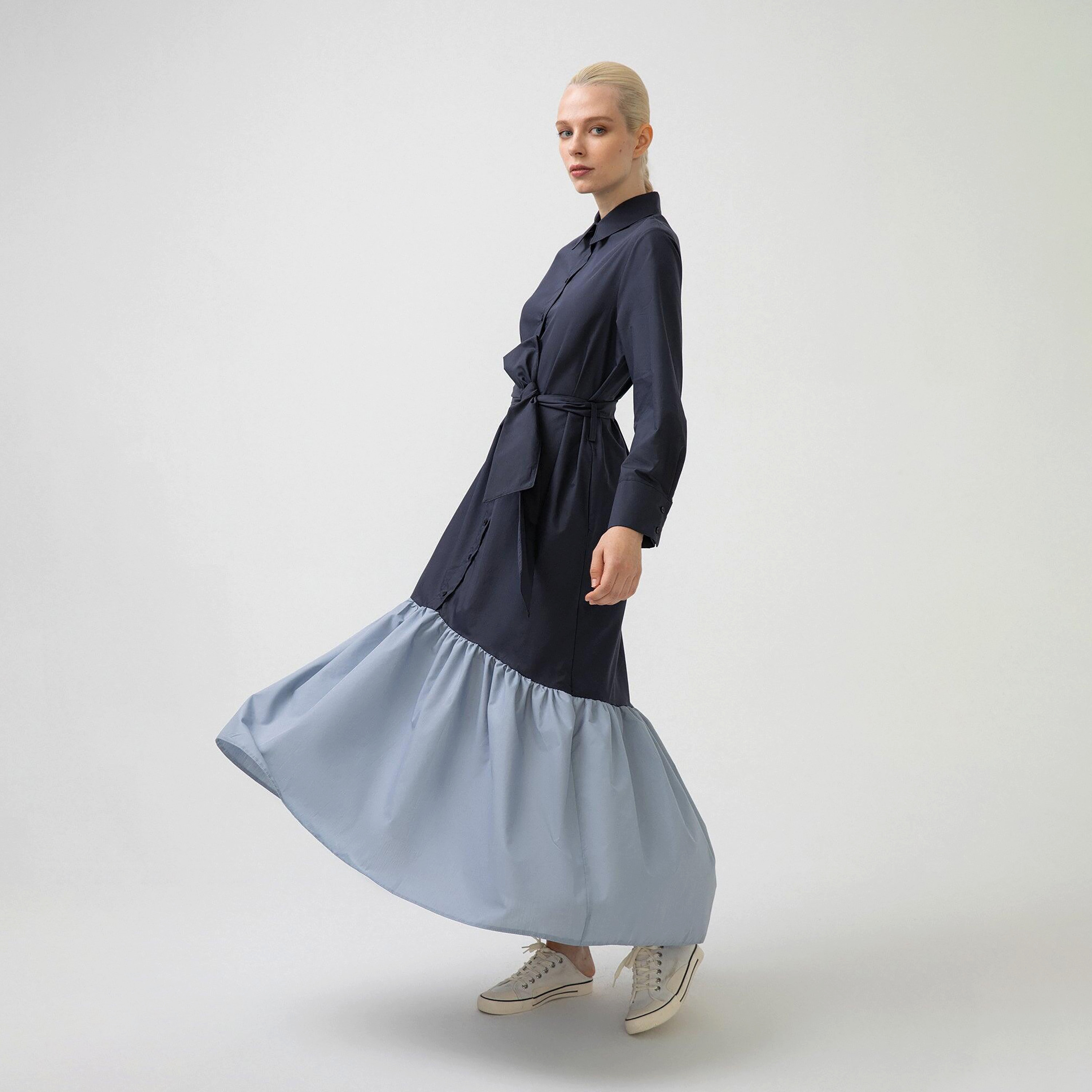 فستان ماكسي قميص مع كلر بلوكد ذو ياقة من توش بريف-women-clothing-dresses-image-2
