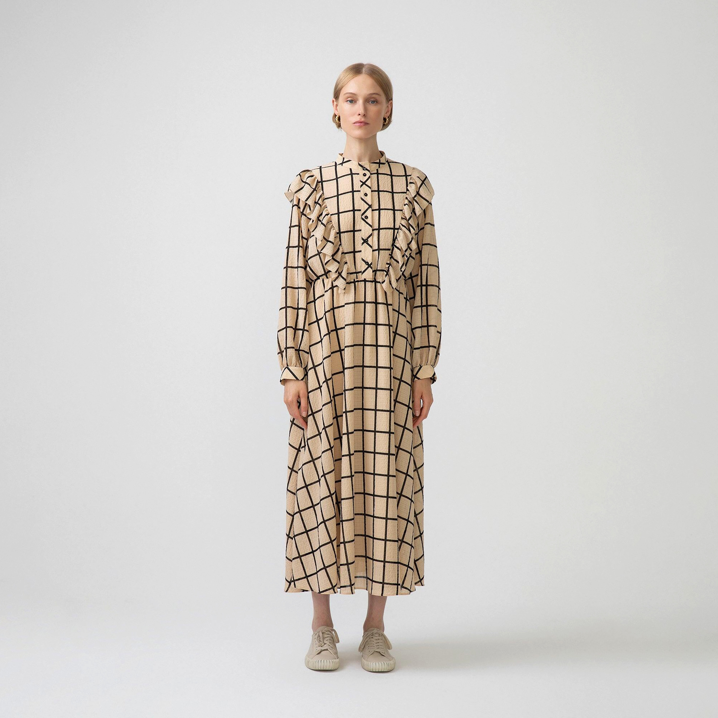Touche Prive Checked Mandarin Collar Maxi Dress-women-clothing-dresses-image-1