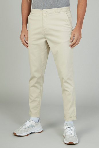 Iconic Slim Fit Plain Mid Waist Trousers with Elasticised Waistband