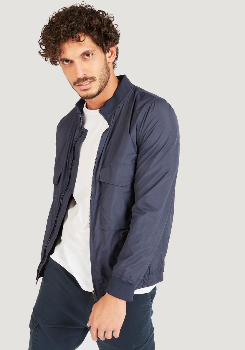 Iconic Textured Zip Through Bomber Jacket with Long Sleeves and Pockets-Jackets-image-0