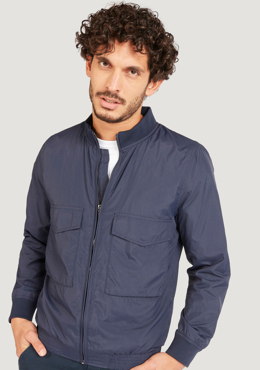 Iconic Textured Zip Through Bomber Jacket with Long Sleeves and Pockets-Jackets-image-2