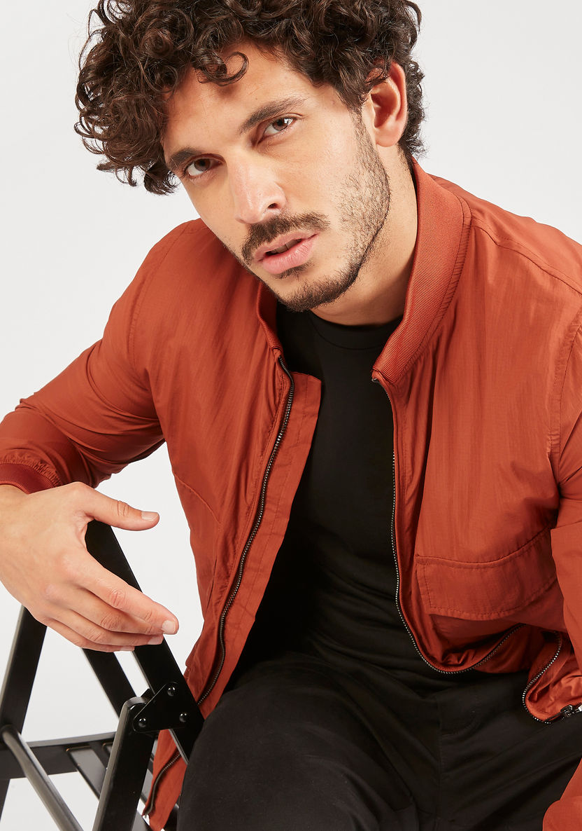 Iconic Textured Zip Through Bomber Jacket with Long Sleeves and Pockets-Jackets-image-2