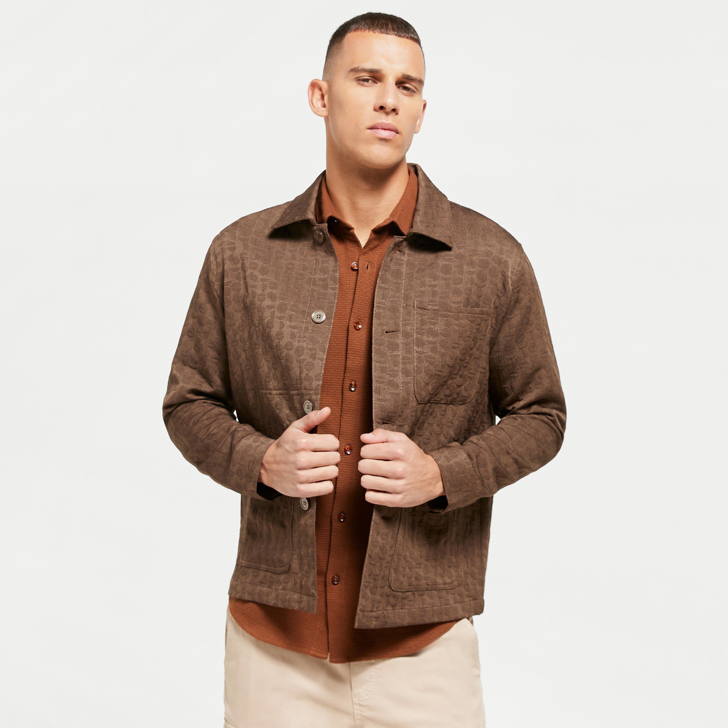 Shop Iconic Jacquard Shacket with Spread Collar and Chest Pocket Online ...