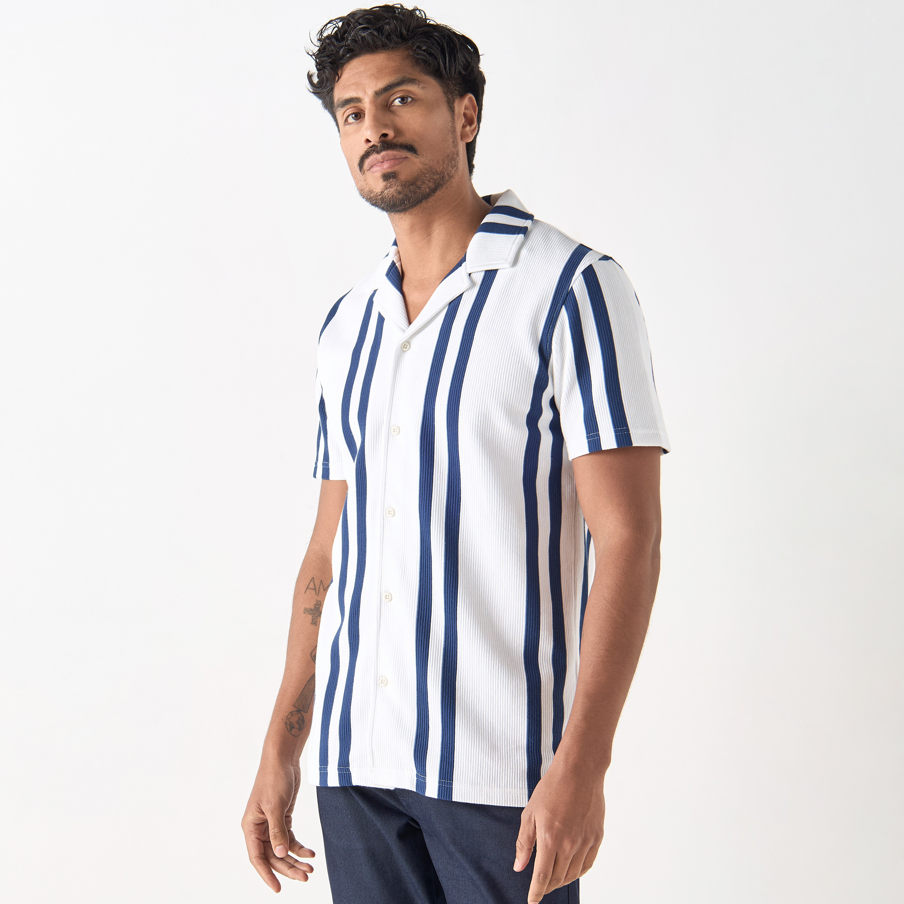 Iconic Striped Camp Collar Shirt with Short Sleeves-men-clothing-shirts-image-1