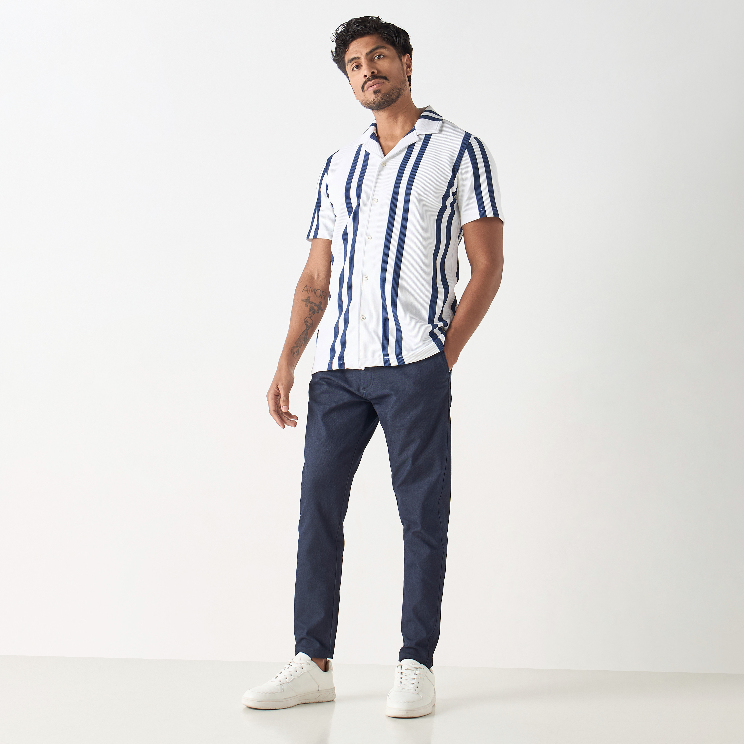 Iconic Striped Camp Collar Shirt with Short Sleeves-men-clothing-shirts-image-2