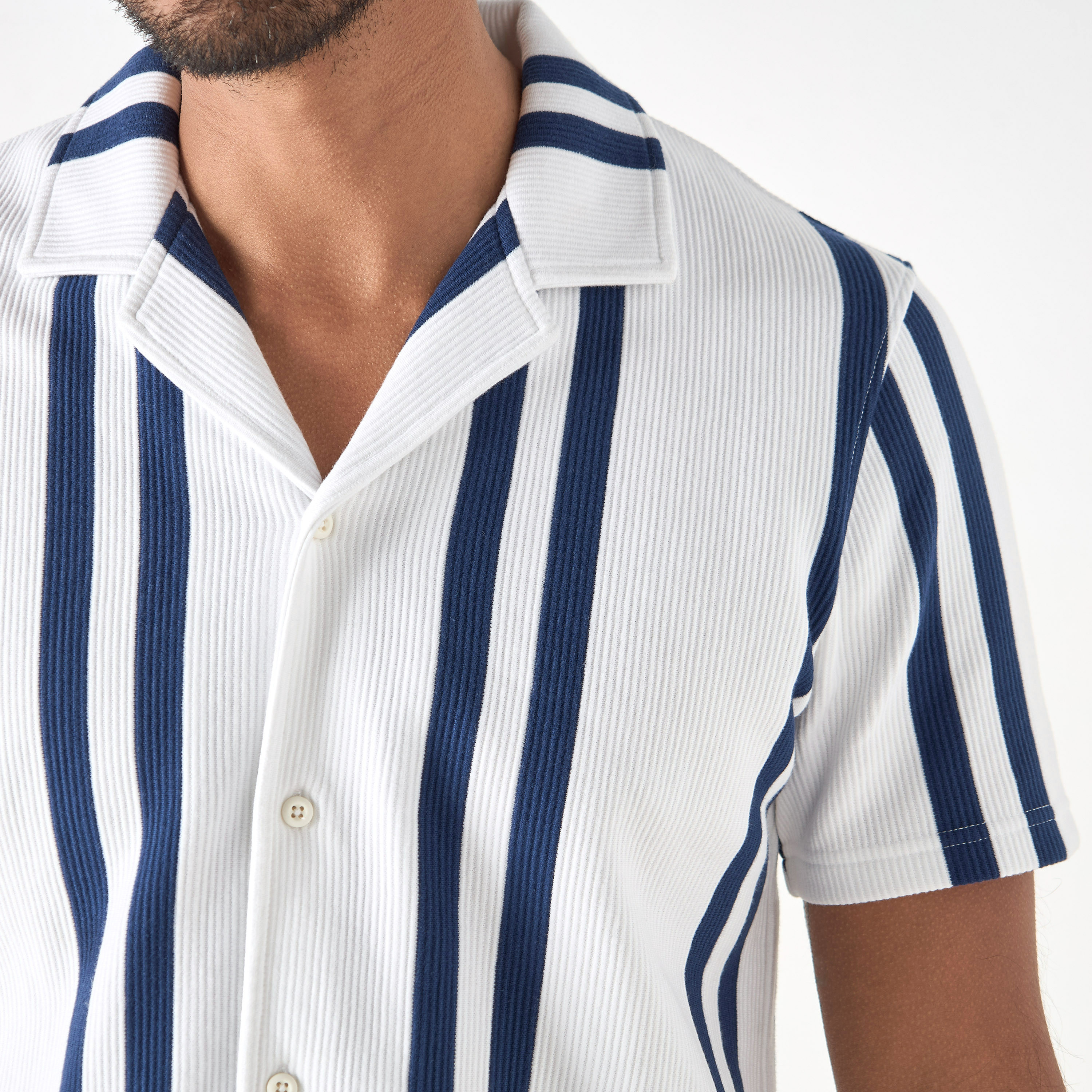 Iconic Striped Camp Collar Shirt with Short Sleeves-men-clothing-shirts-image-4
