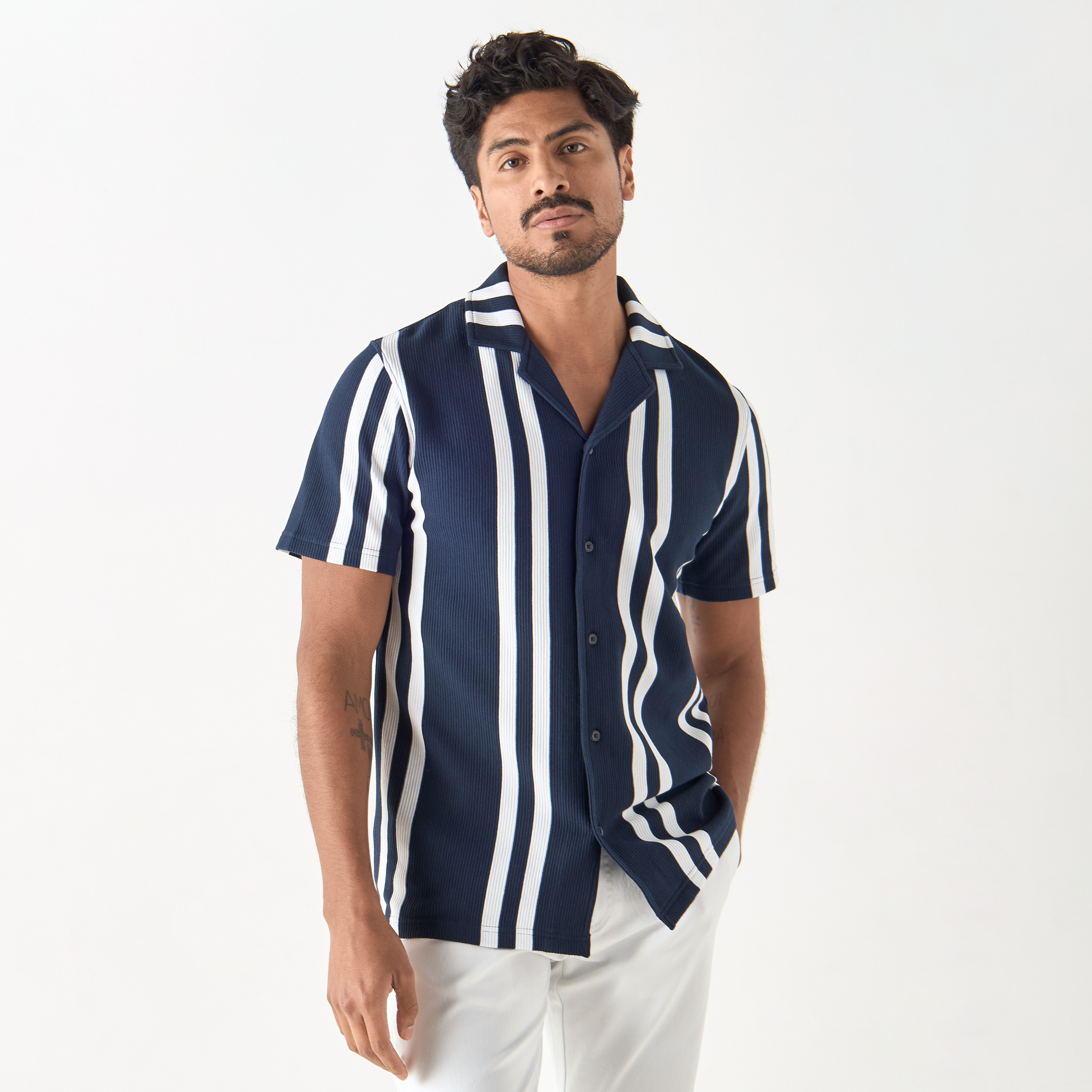 Iconic Striped Camp Collar Shirt with Short Sleeves-men-clothing-shirts-image-6