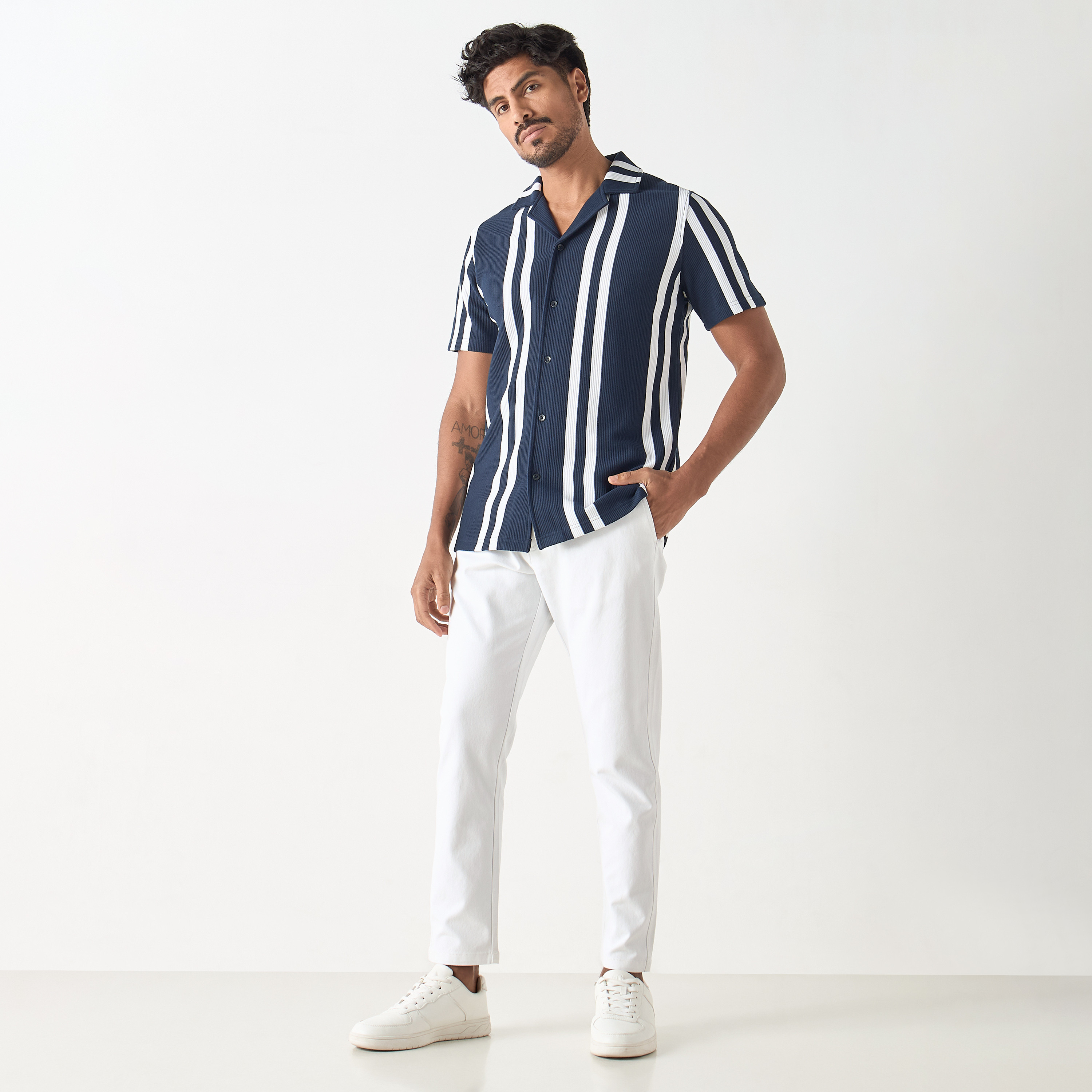 Iconic Striped Camp Collar Shirt with Short Sleeves-men-clothing-shirts-image-7