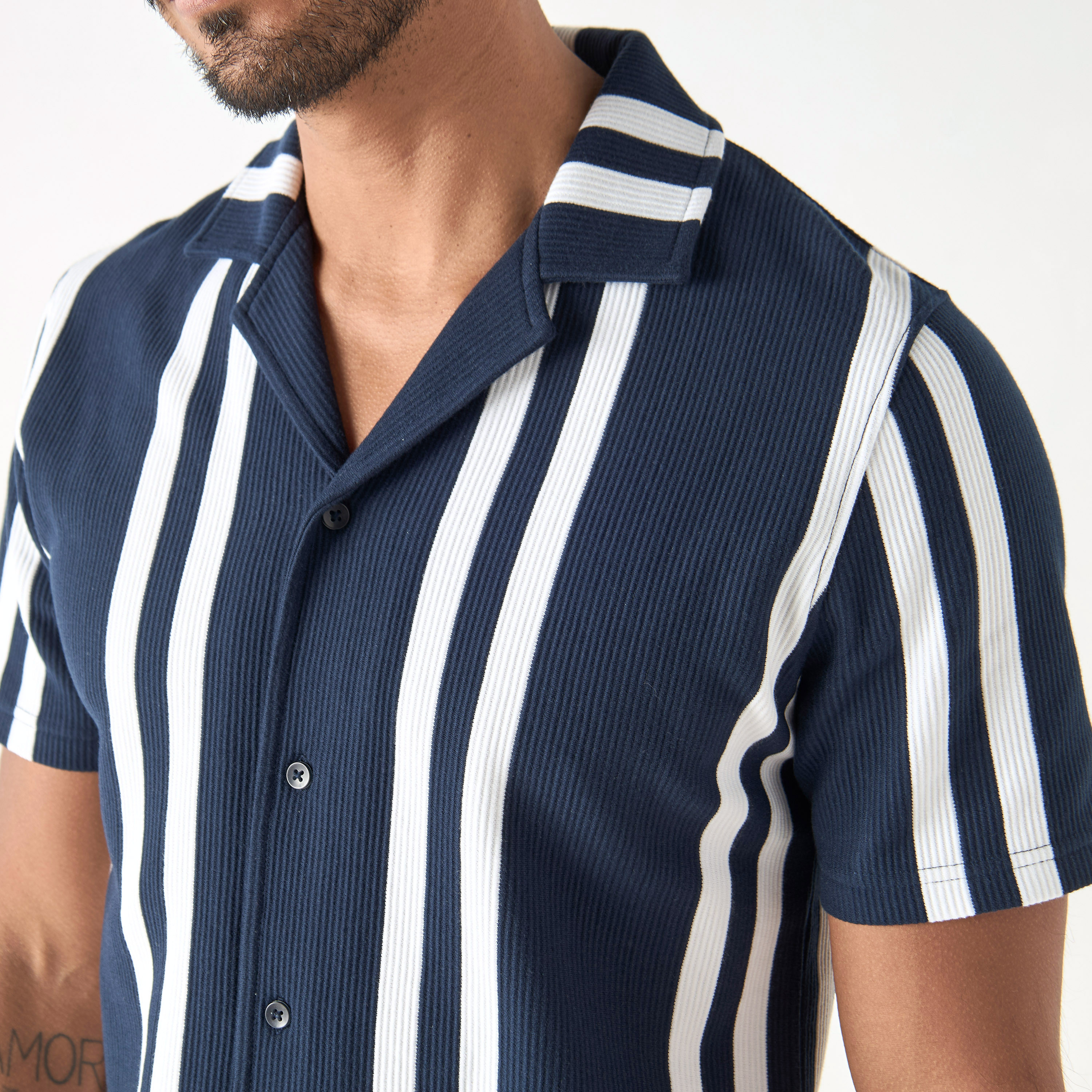 Iconic Striped Camp Collar Shirt with Short Sleeves-men-clothing-shirts-image-9
