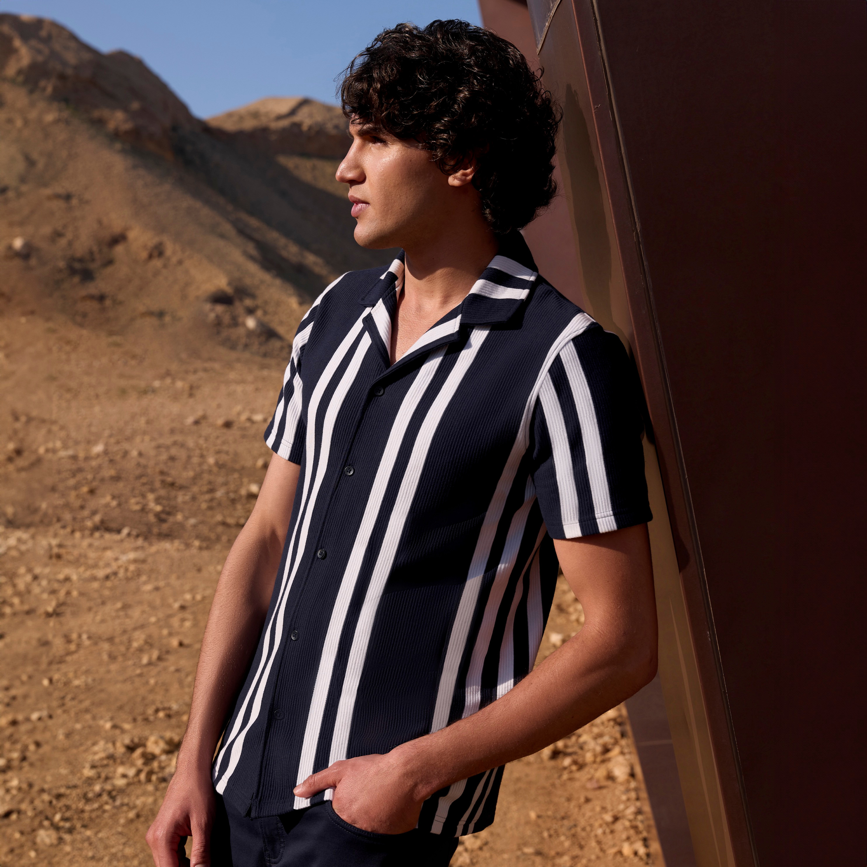 Iconic Striped Camp Collar Shirt with Short Sleeves-men-clothing-shirts-image-5