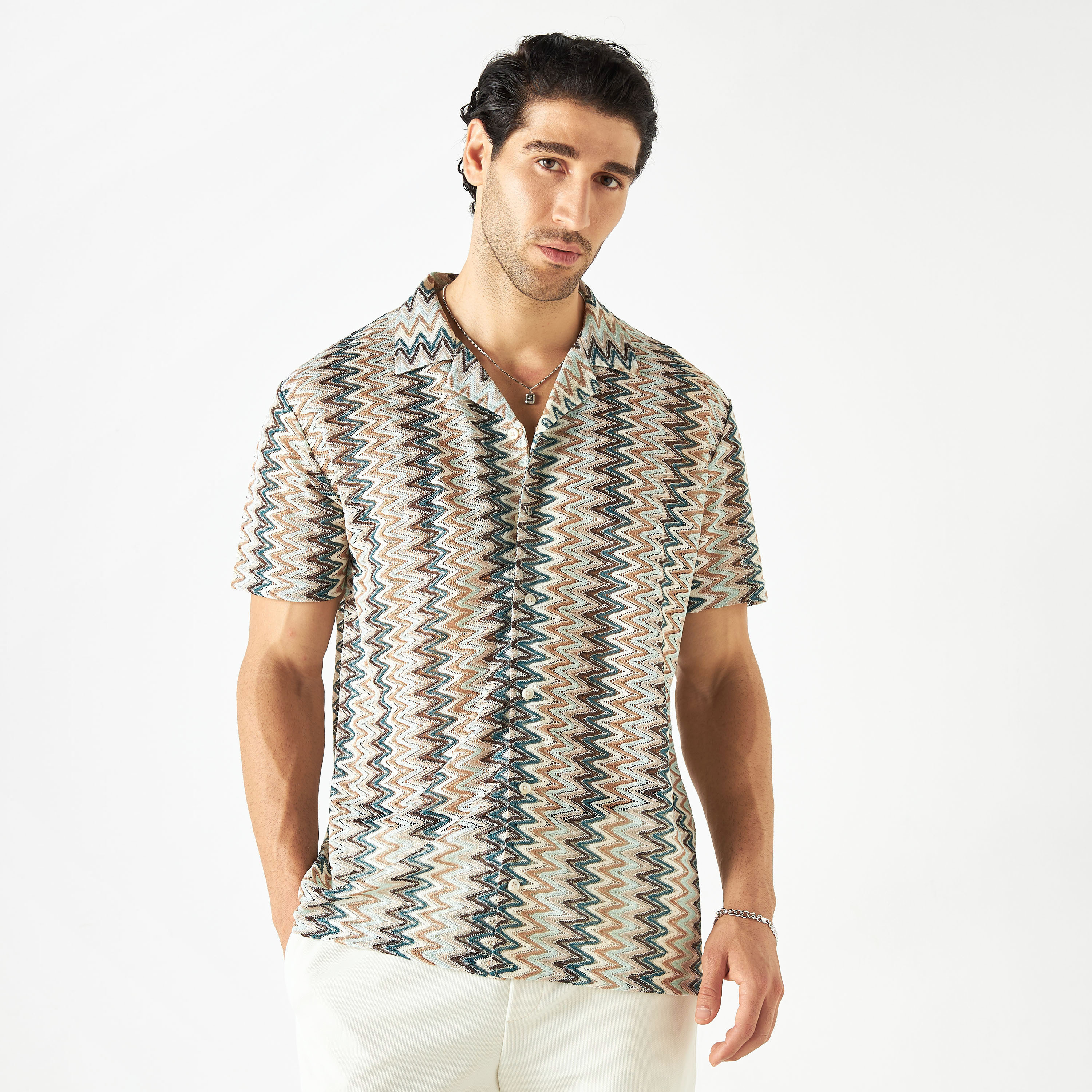 Shop Iconic Textured Shirt with Camp Collar and Short Sleeves Online ...