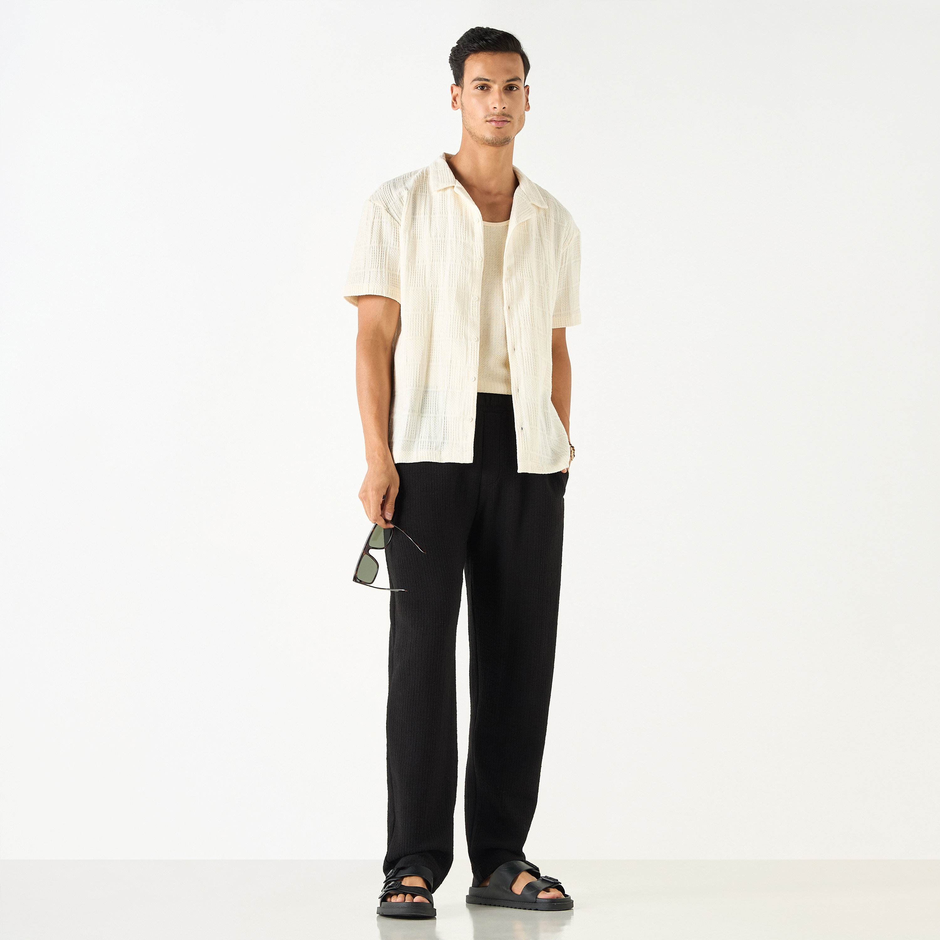 Iconic Textured Camp Collar Shirt with Short Sleeves-men-clothing-shirts-image-2