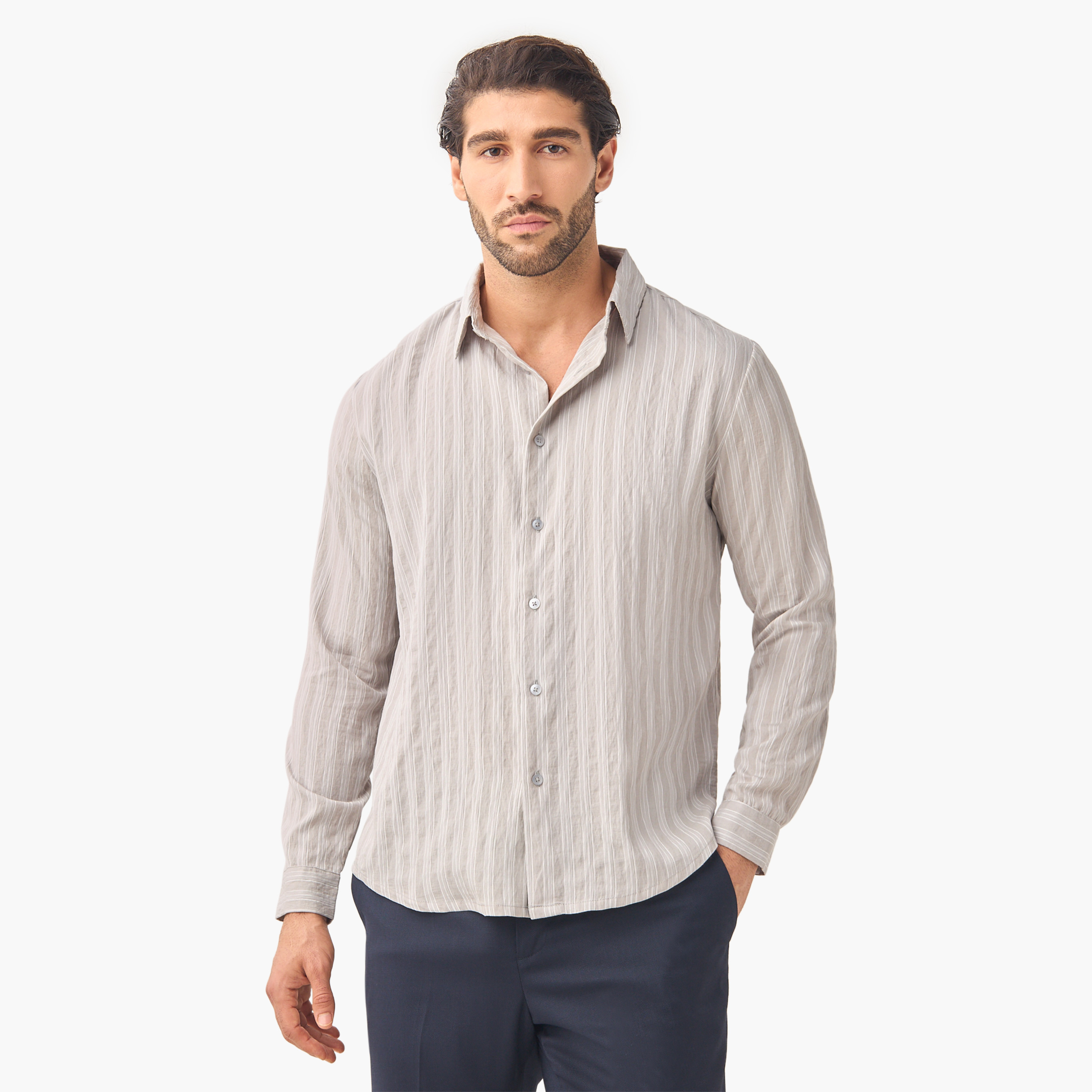 Iconic Regular Fit Striped Collared Shirt with Long Sleeves-men-clothing-shirts-image-1