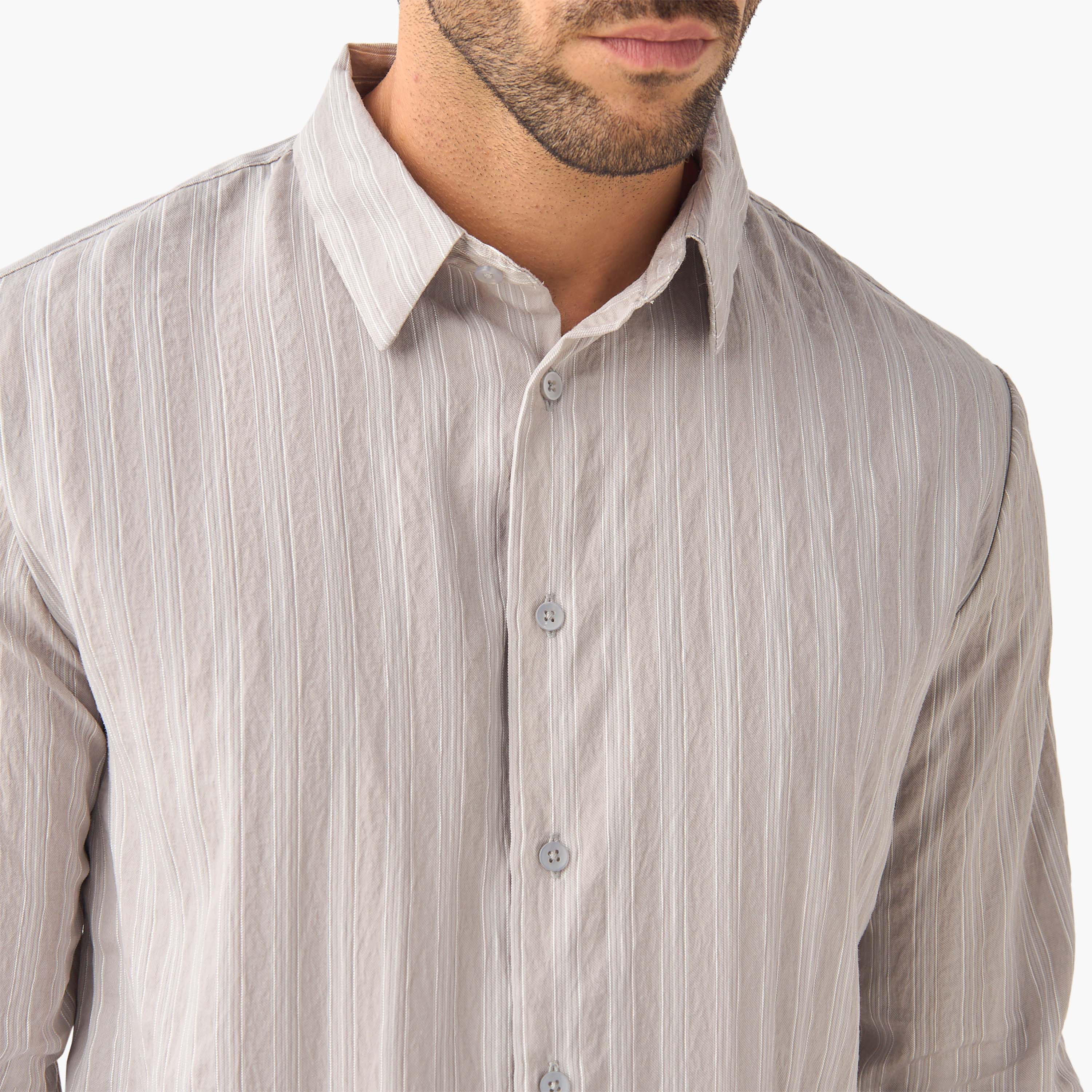 Iconic Regular Fit Striped Collared Shirt with Long Sleeves-men-clothing-shirts-image-4