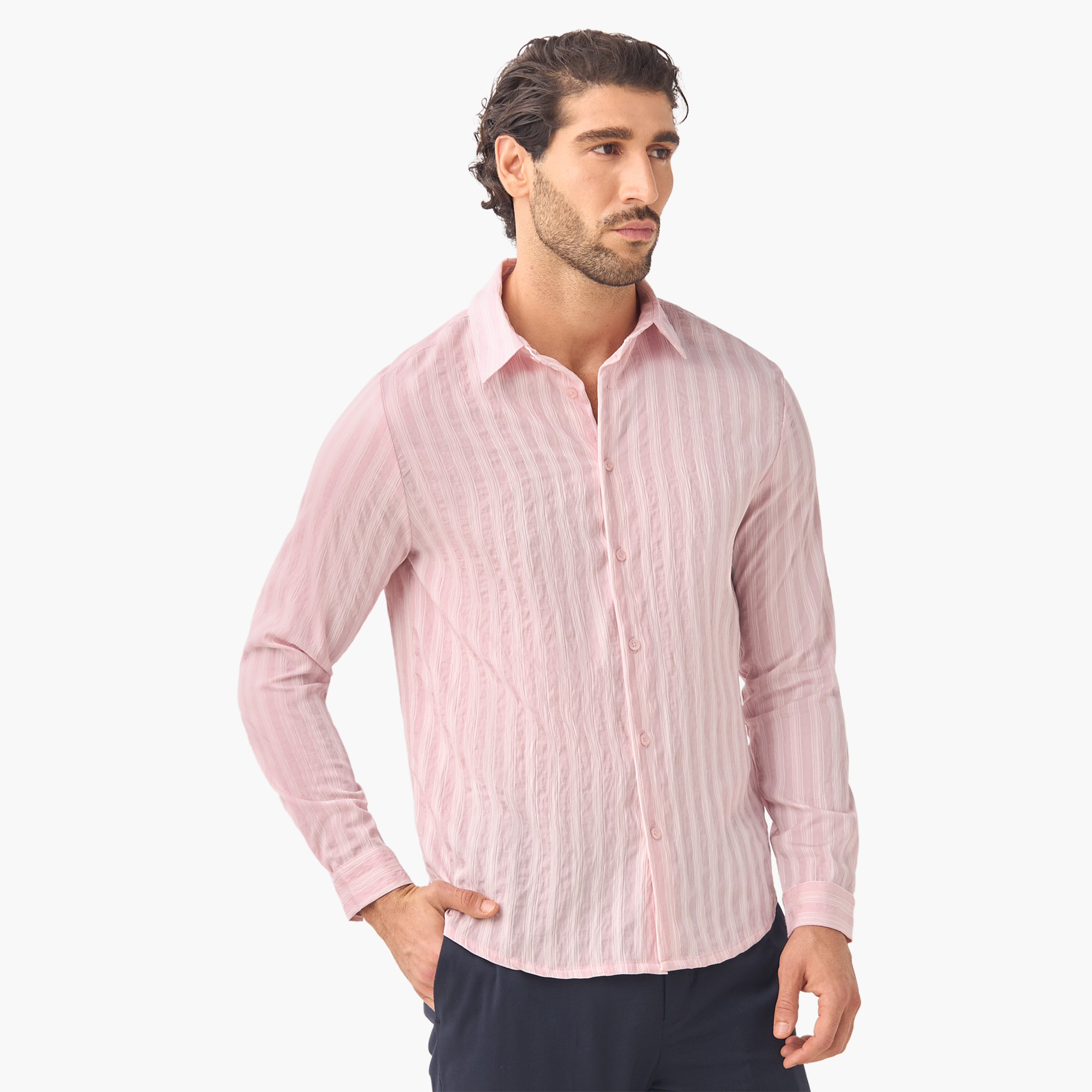 Iconic Regular Fit Striped Collared Shirt with Long Sleeves-men-clothing-shirts-image-1