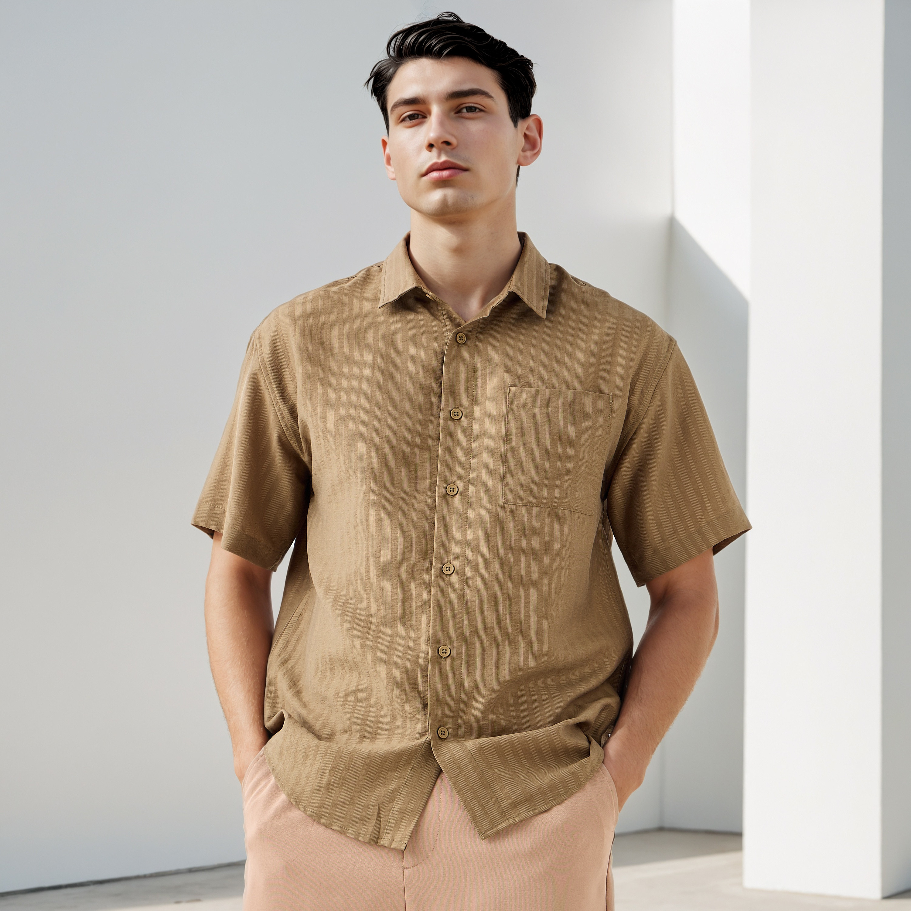 Iconic Boxy Fit Striped Shirt with Chest Pocket-men-clothing-shirts-image-1