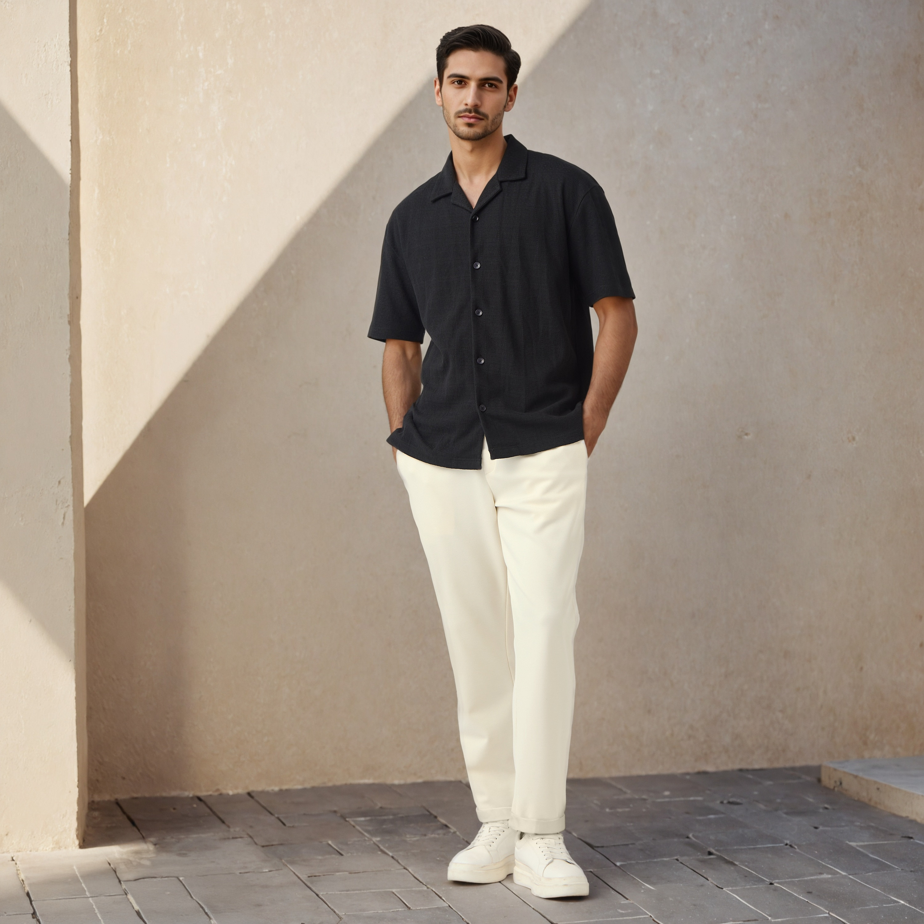 قميص بارز الملمس بقصة عادية وبياقة كامب من أيكونيك-men-clothing-shirts-image-2