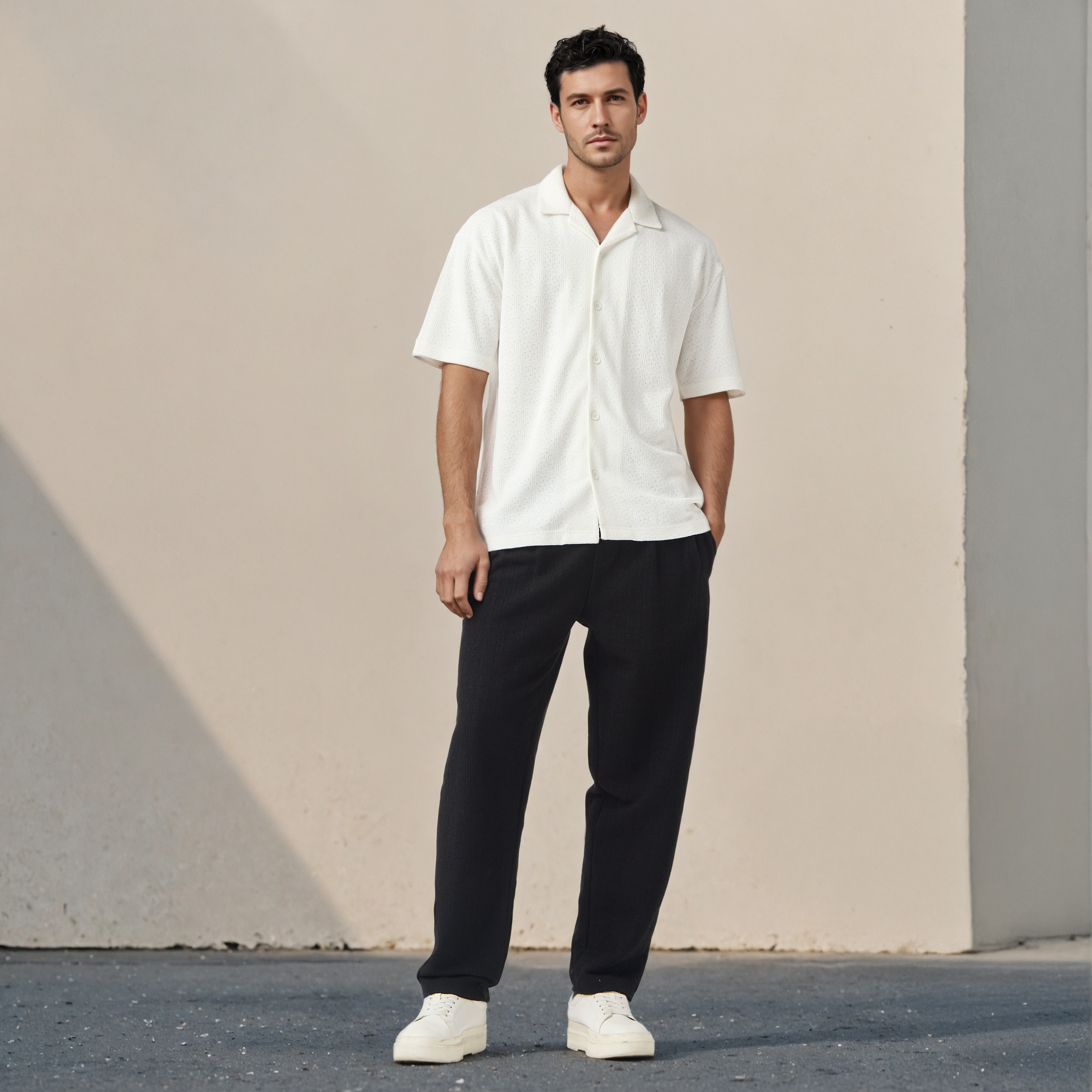 قميص بارز الملمس بقصة عادية وبياقة كامب من أيكونيك-men-clothing-shirts-image-2