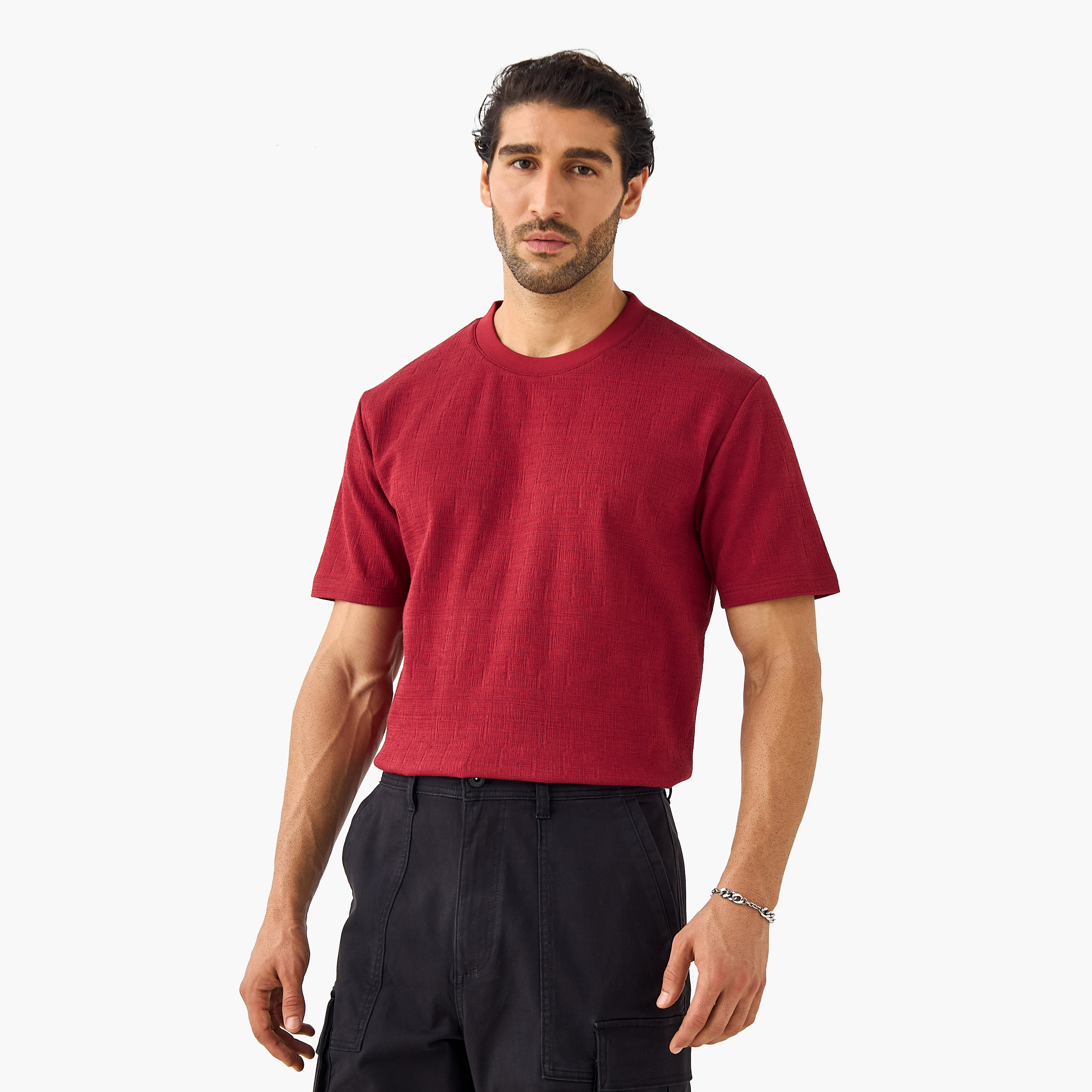 تيشيرت بارز الملمس بقصة مريحة من آيكونيك-men-clothing-tshirtsandpolos-tshirts-image-1