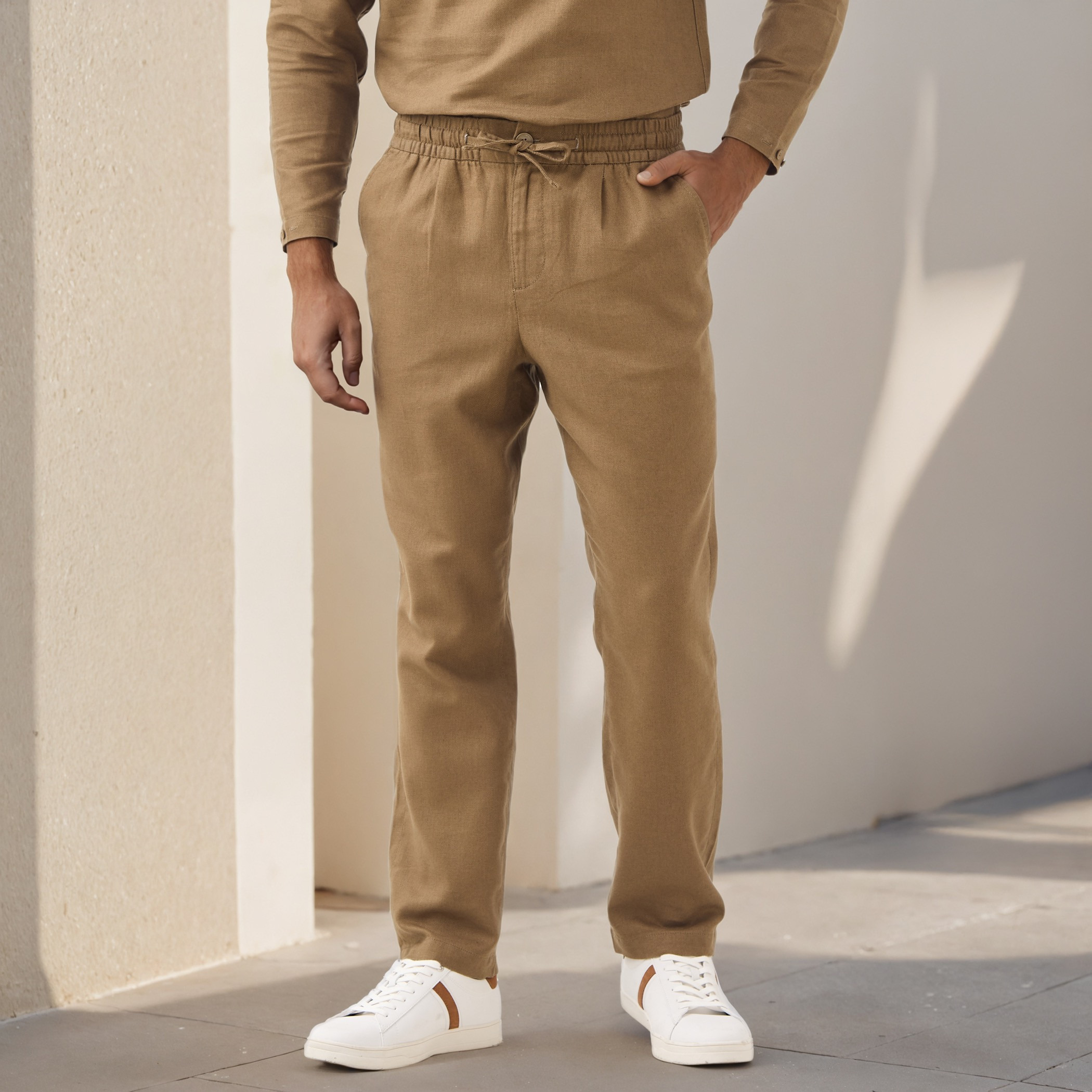 Iconic Regular Fit Linen Blend Trousers with Flexi Waist-men-clothing-bottoms-trousersandchinos-trousers-image-1