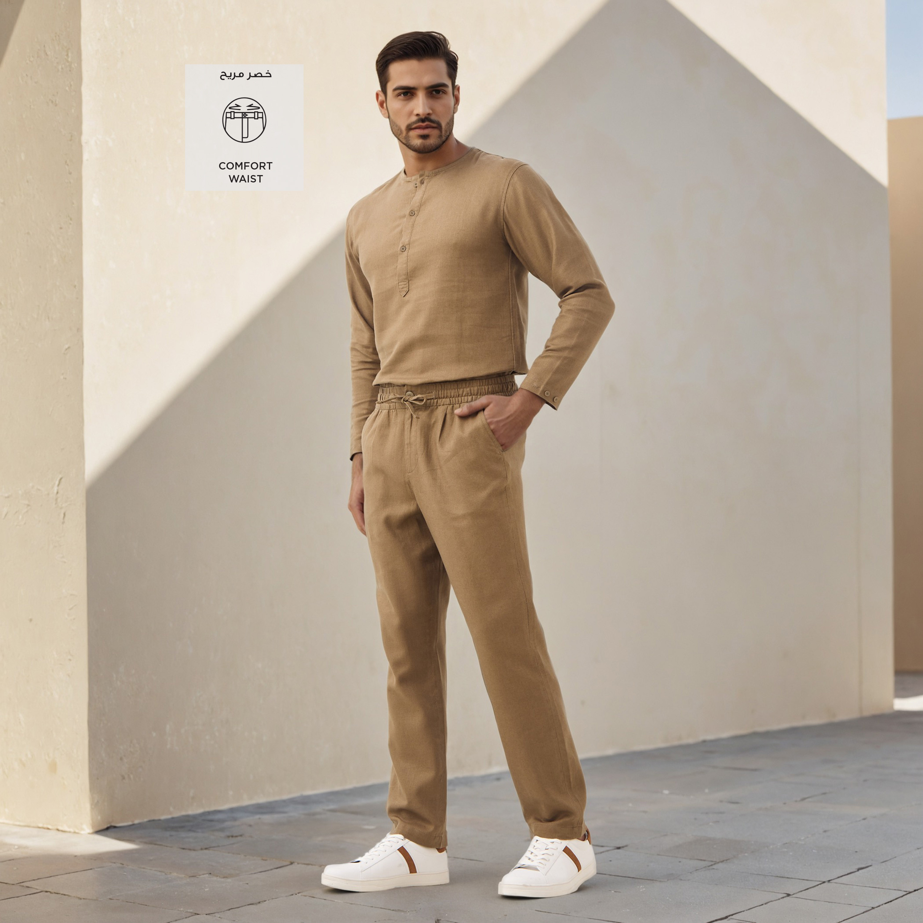 Iconic Regular Fit Linen Blend Trousers with Flexi Waist-men-clothing-bottoms-trousersandchinos-trousers-image-2