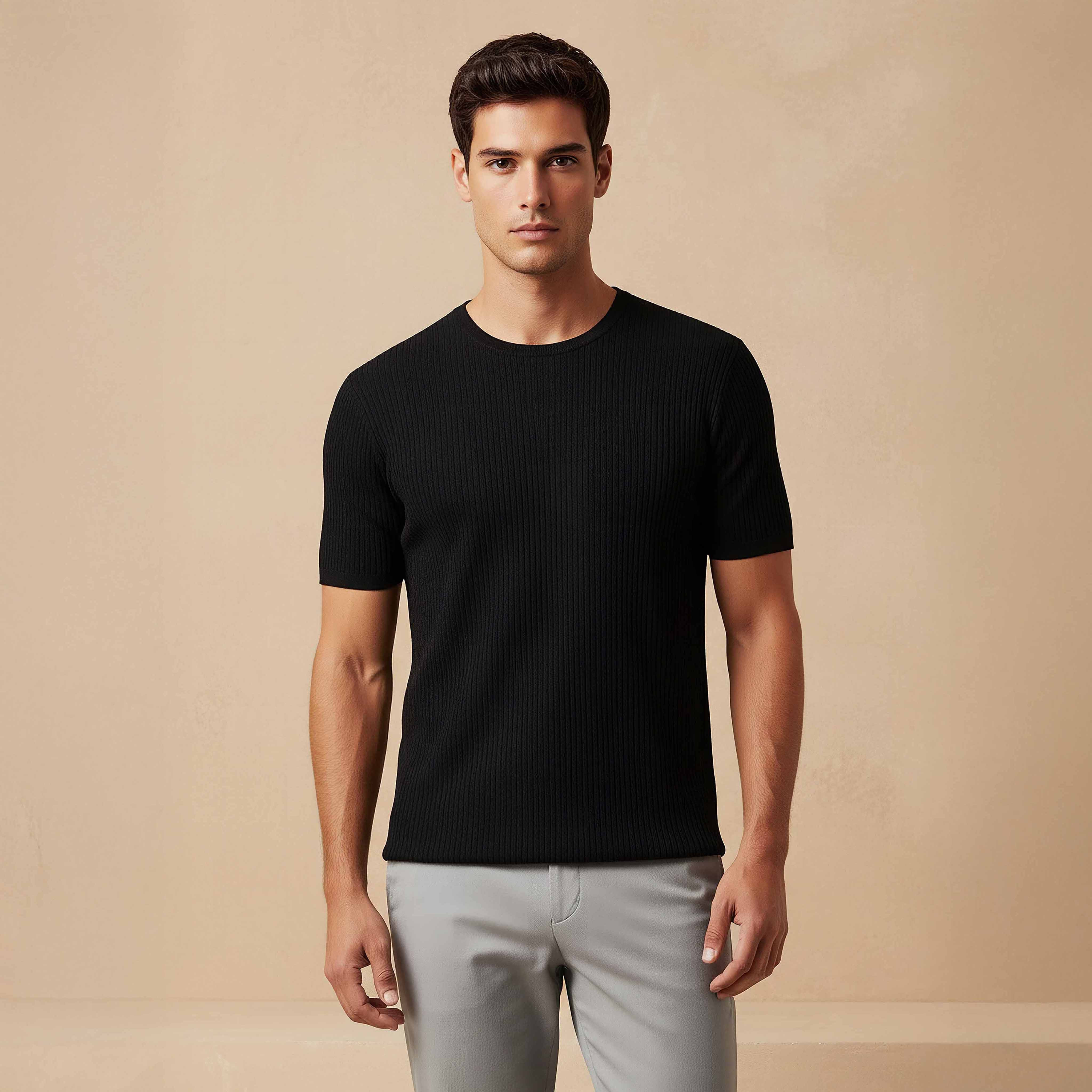 تيشيرت بارز الملمس بياقة ضيقة من آيكونيك-men-clothing-tshirtsandpolos-tshirts-image-1