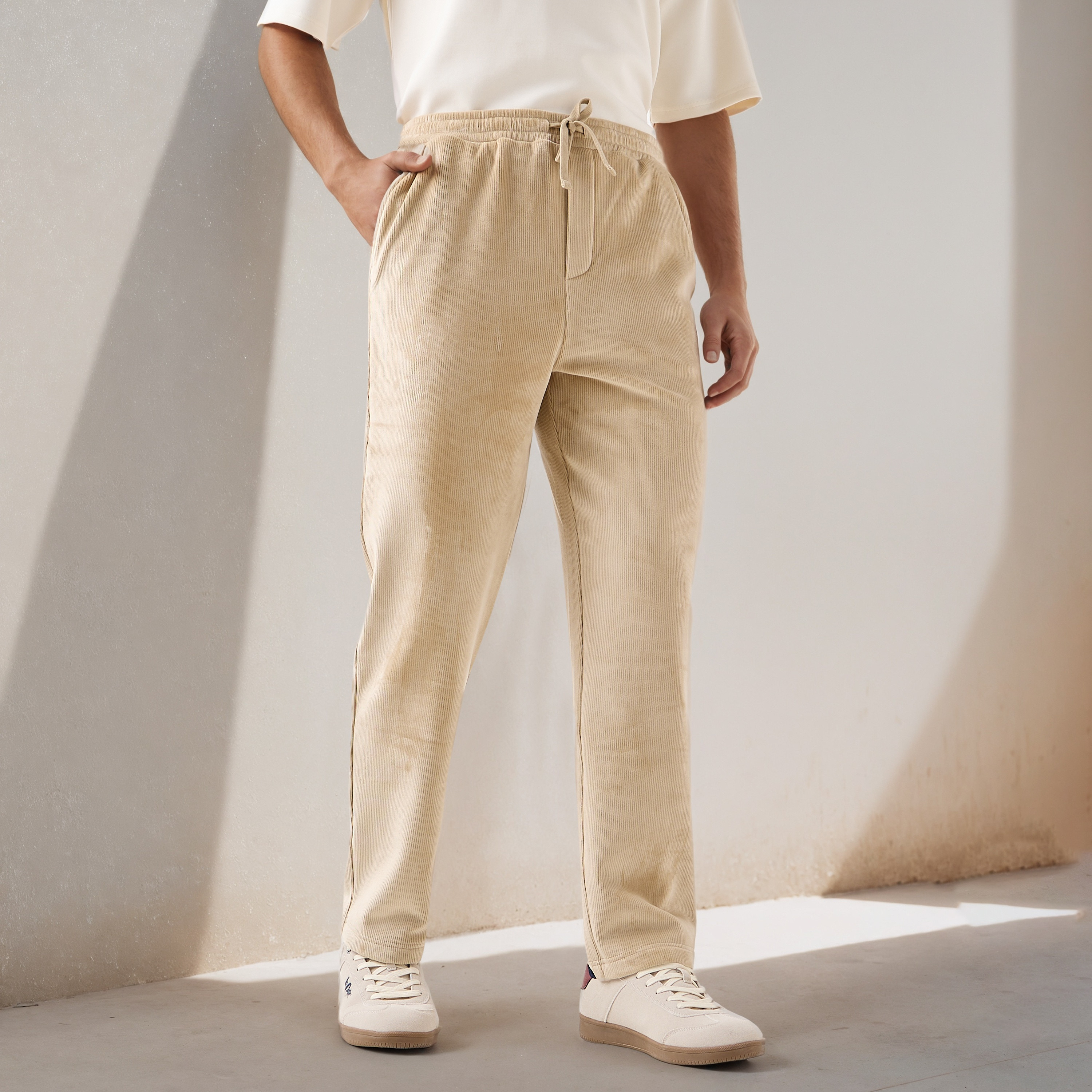 Iconic Regular Fit Corduroy Flexi Waist Pants with Pockets-men-clothing-bottoms-trousersandchinos-trousers-image-1