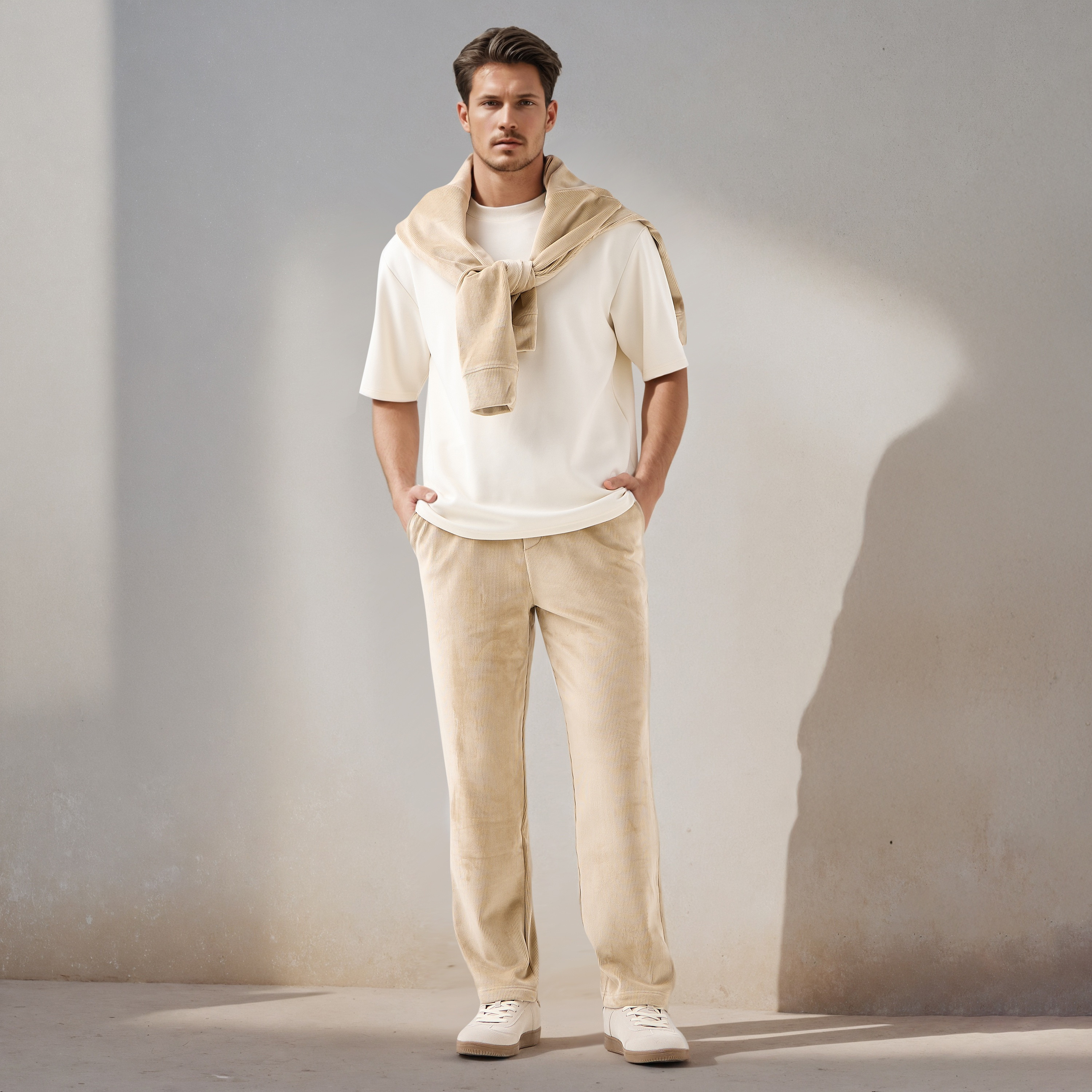 بنطلون كوردروي بقصّة عادية وخصر مطاطي وجيوب من أيكونيك-men-clothing-bottoms-trousersandchinos-trousers-image-2