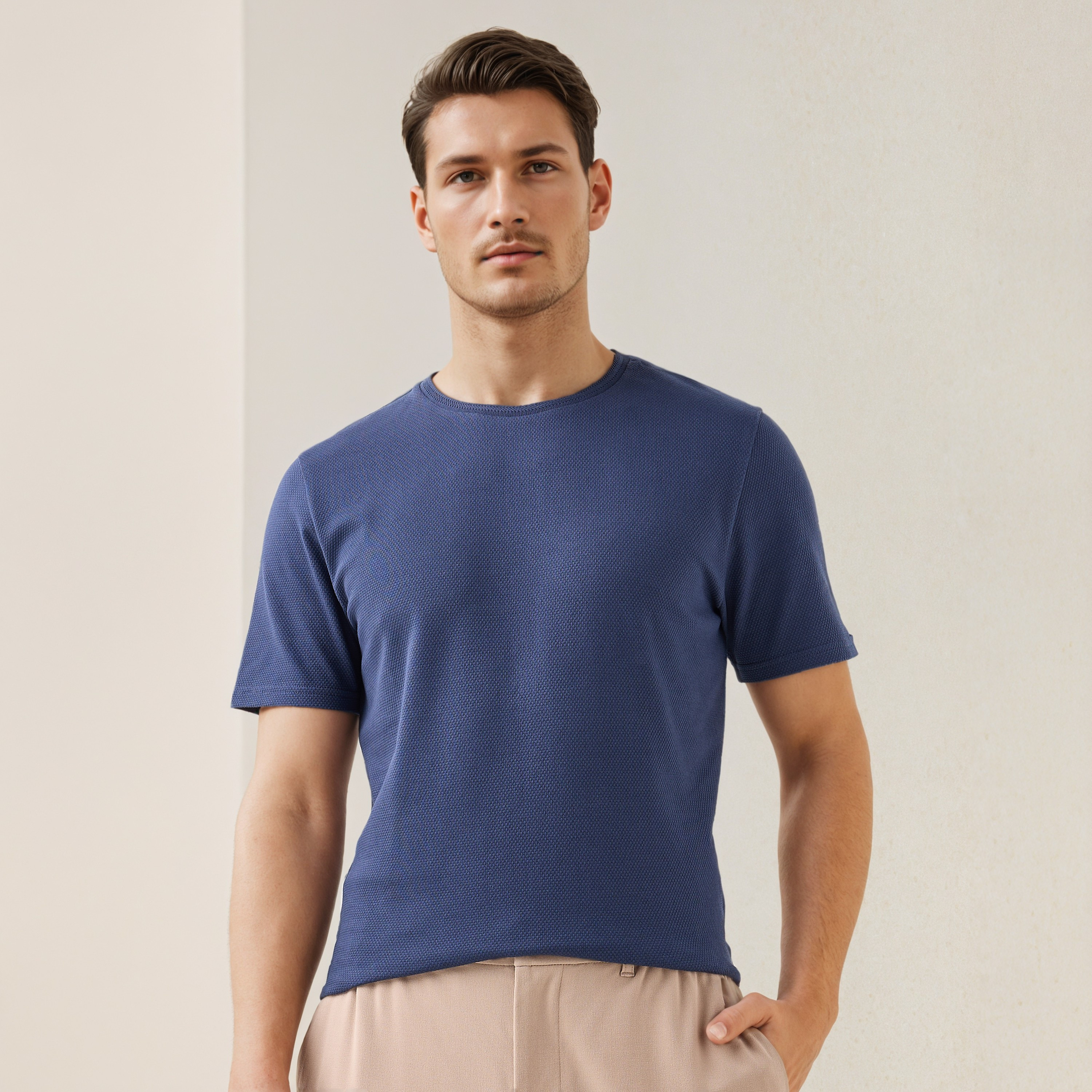 Iconic Popcorn Textured T-shirt with Crew Neck-men-clothing-tshirtsandpolos-tshirts-image-1