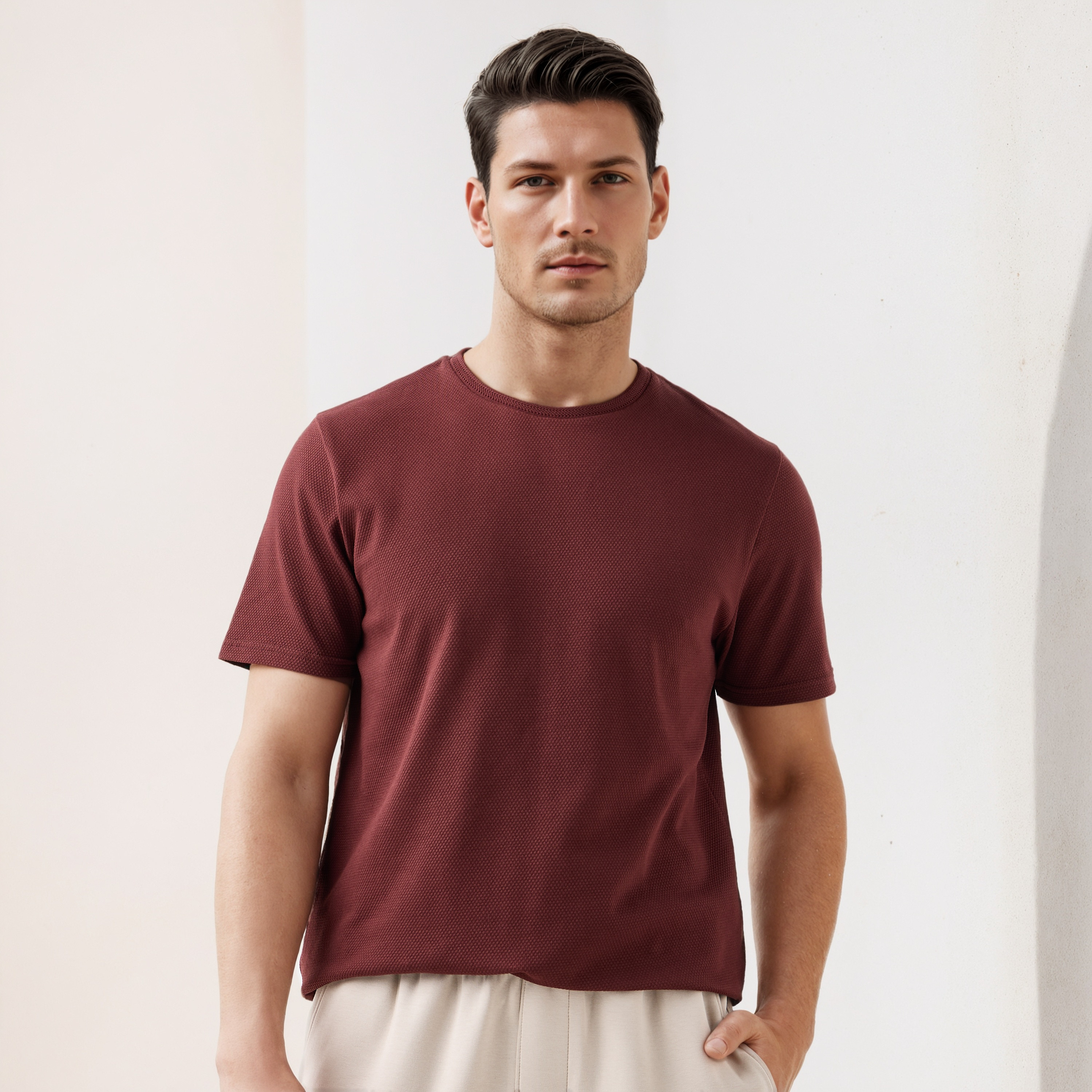 تيشيرت بارز الملمس بياقة ضيقة من آيكونيك-men-clothing-tshirtsandpolos-tshirts-image-1