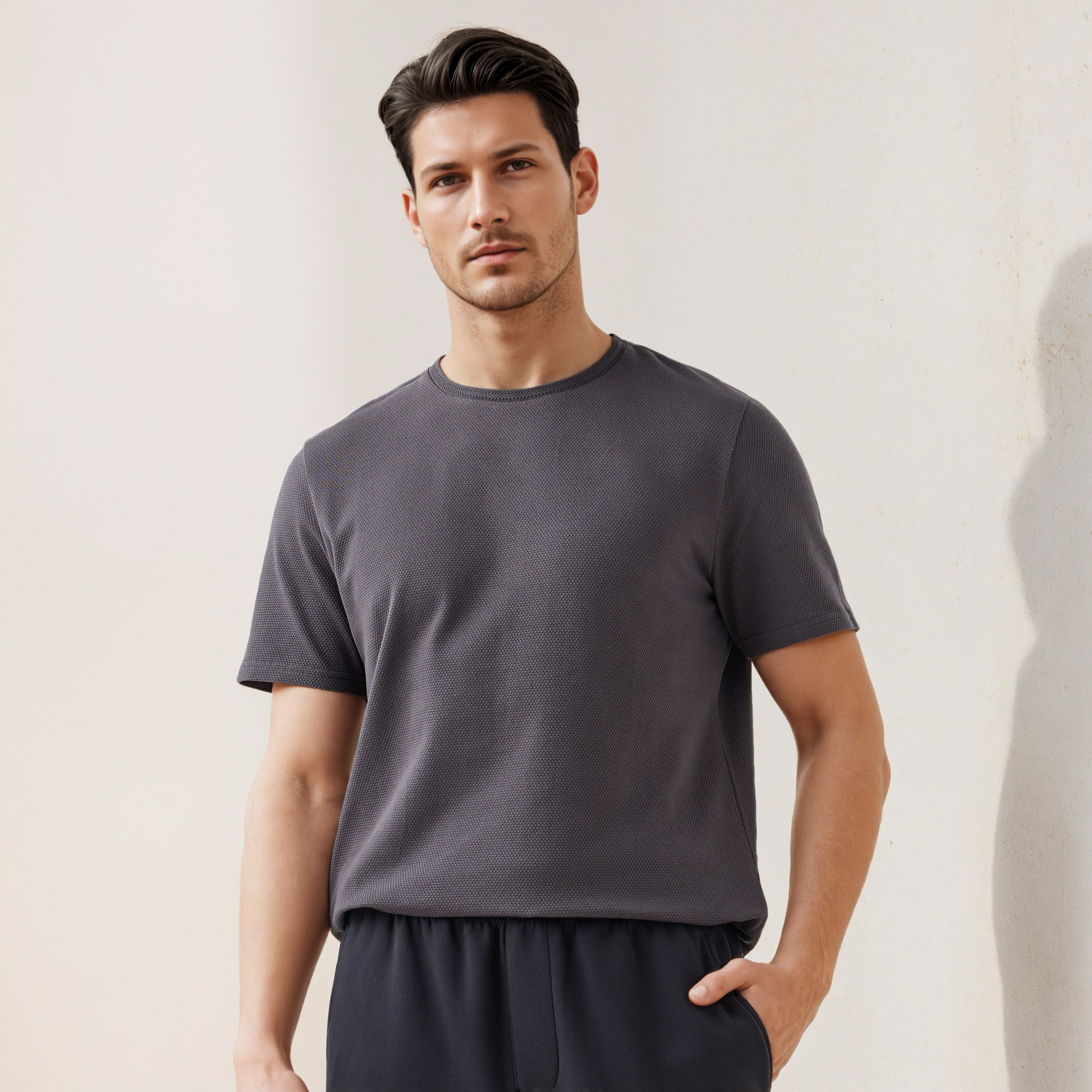 Iconic Popcorn Textured T-shirt with Crew Neck-men-clothing-tshirtsandpolos-tshirts-image-1