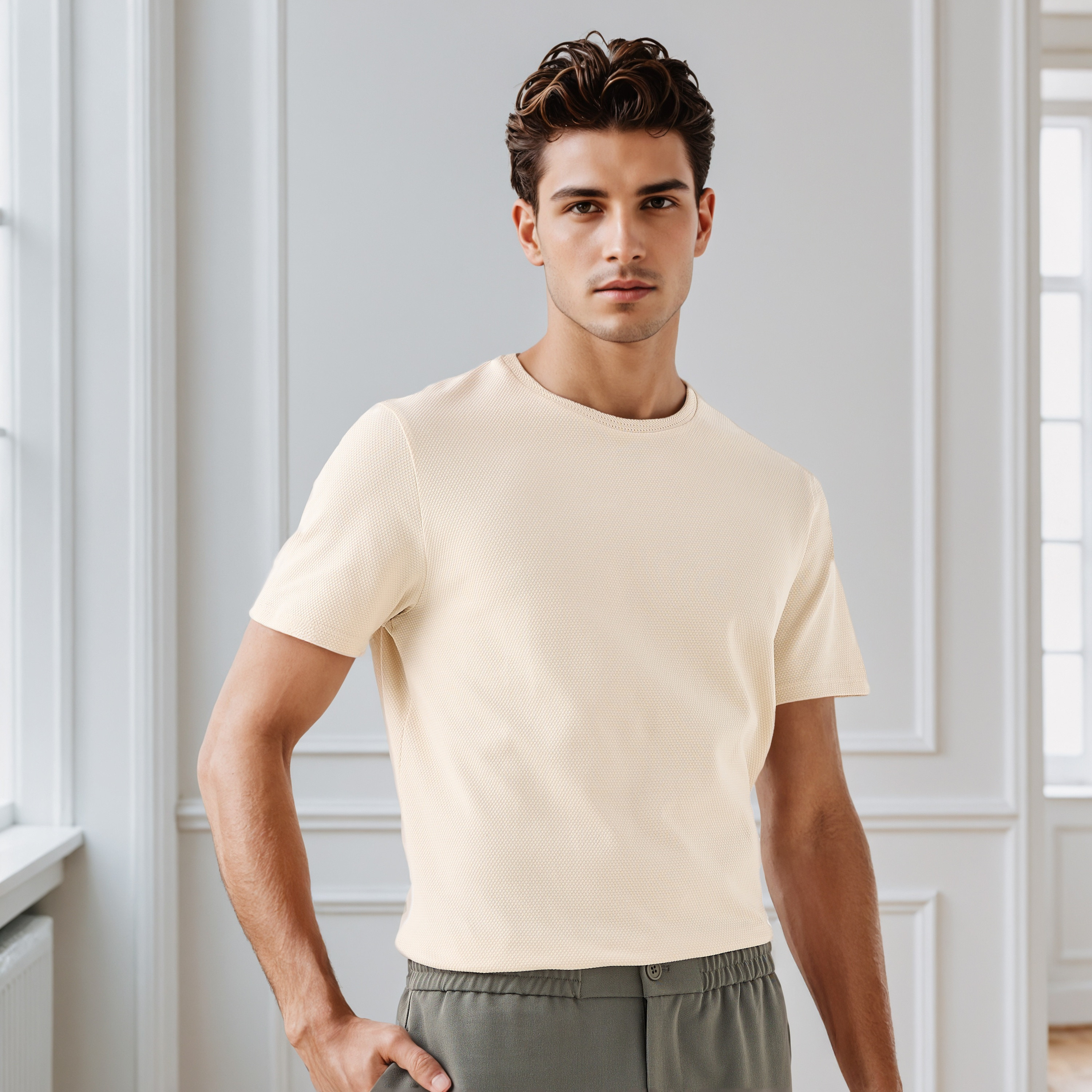 تيشيرت رجالي بارز الملمس بقصة عادية وياقة ضيقة وأكمام قصيرة من آيكونيك-men-clothing-tshirtsandpolos-tshirts-image-1